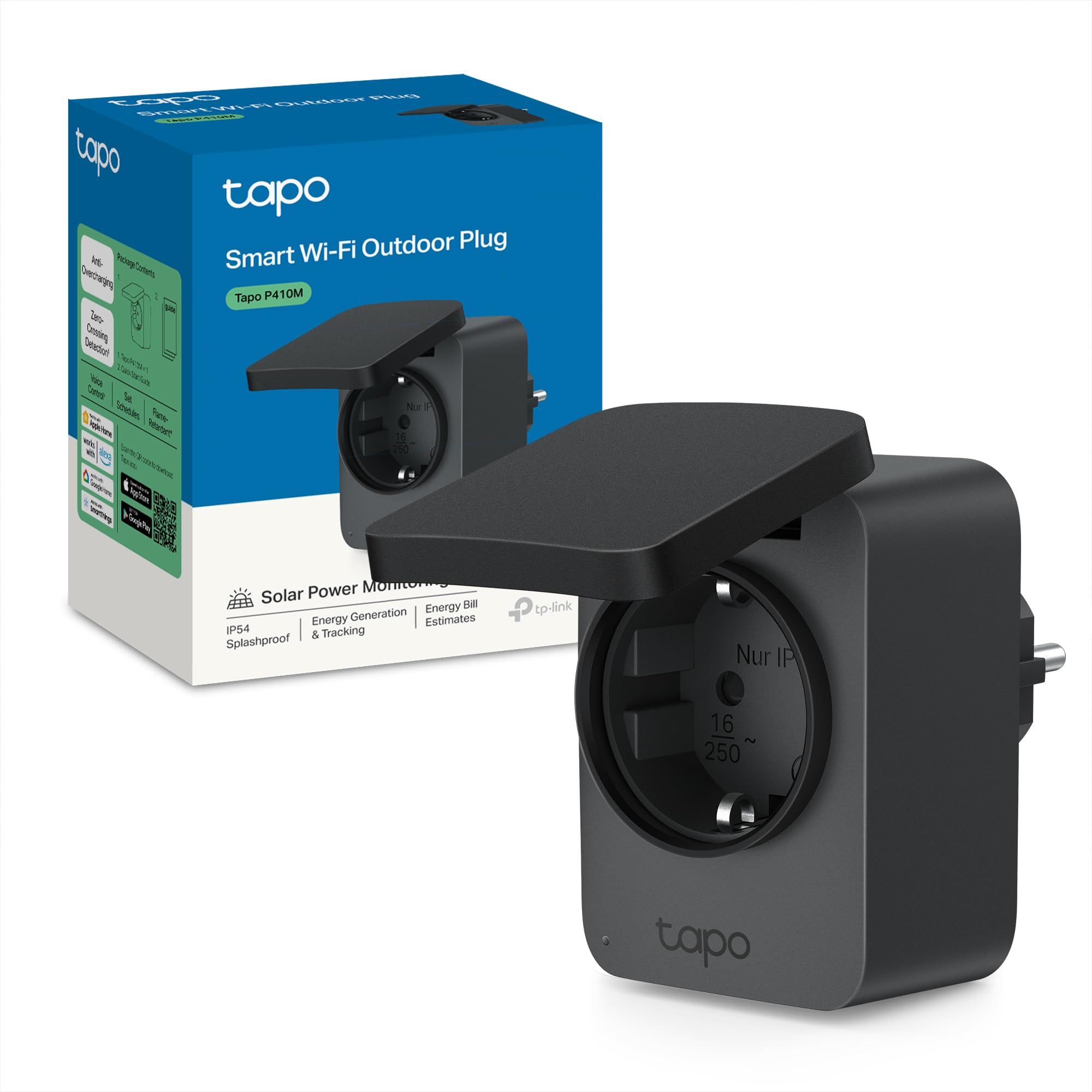 Tapo P410M Presa Smart Esterna, Presa Wifi, Controllo Vocale, Anti-sovraccarico, Monitoraggio dell'Energia, Risparmi Solari, Rilevamento dello zero, Controllo Remoto, IP54, Programma e Timer