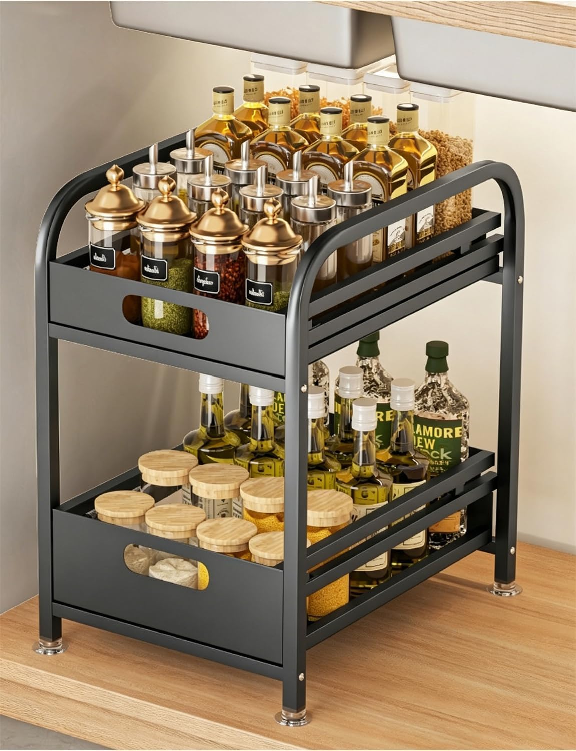 2 Tier Sliding Basket Drawer Organizer, Multi-Purpose Metal Pull Out Under Sink Organizer Drawer Shelf for Kitchen Bathroom Pantry Cabinet Closet Organization Rack (Black)