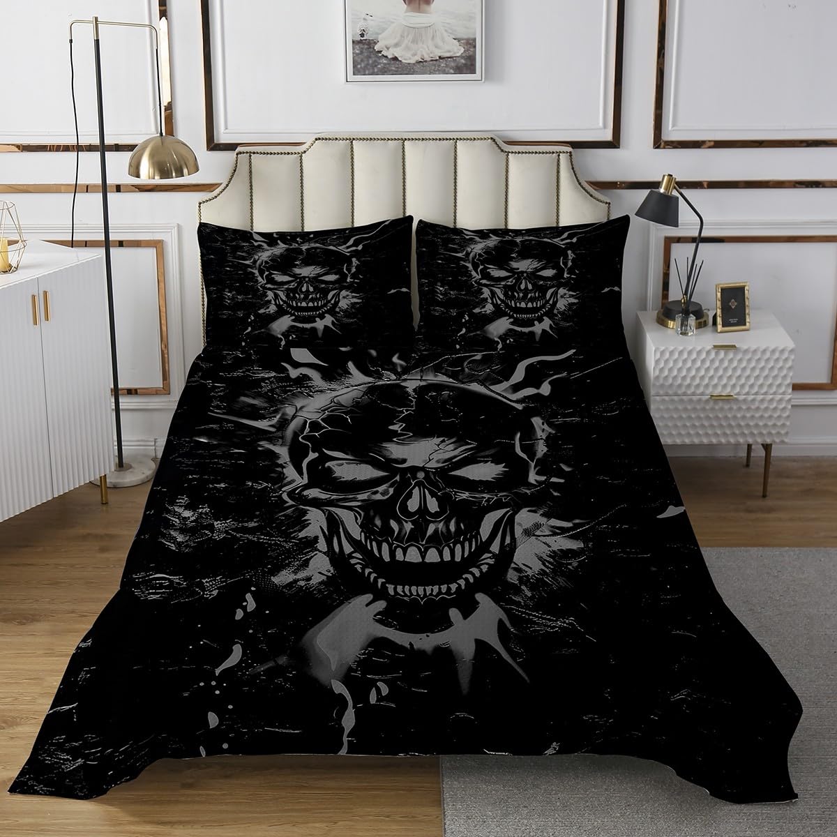 Erosebridal Goth Skull Quilt Set Twin Size for Kids Boys Girls,Grey Black Coverlet Set,Neon Sugar Skull Bed Cover Bedroom Decor,Halloween Gothic Bedspread Set