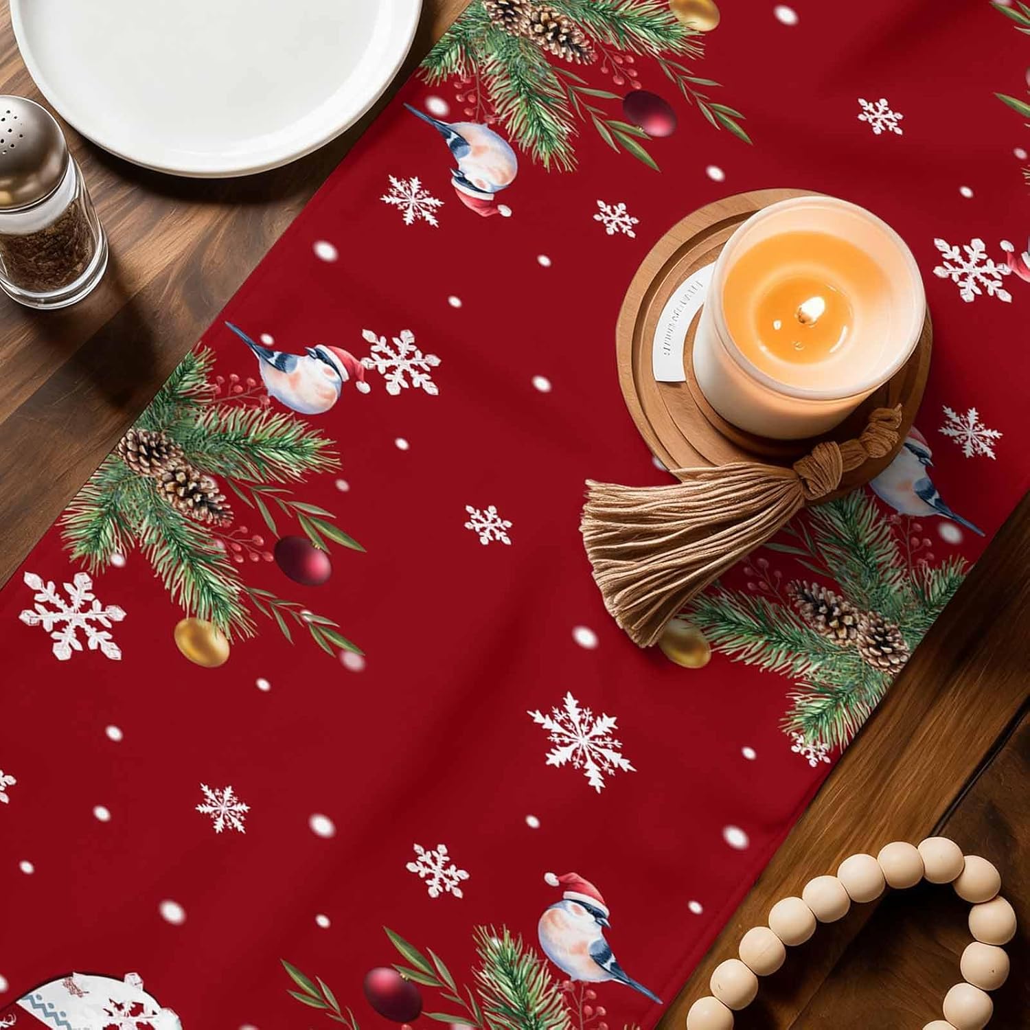 Seven Roses Christmas Gnome Table Runner 108 Inches Long, Farmhouse Birds Xmas Tree Dress Scarves, Pine Cones Winter Snowflake Red 13 x 108 inch