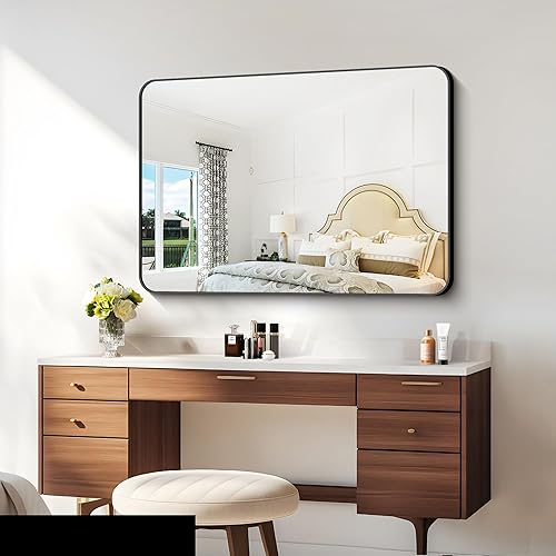 Miniatura 4 de Espejo de baño de 30 x 40 pulgadas, espejo rectangular negro, marco de baño montado en la pared, espejo de tocador con esquina redonda para