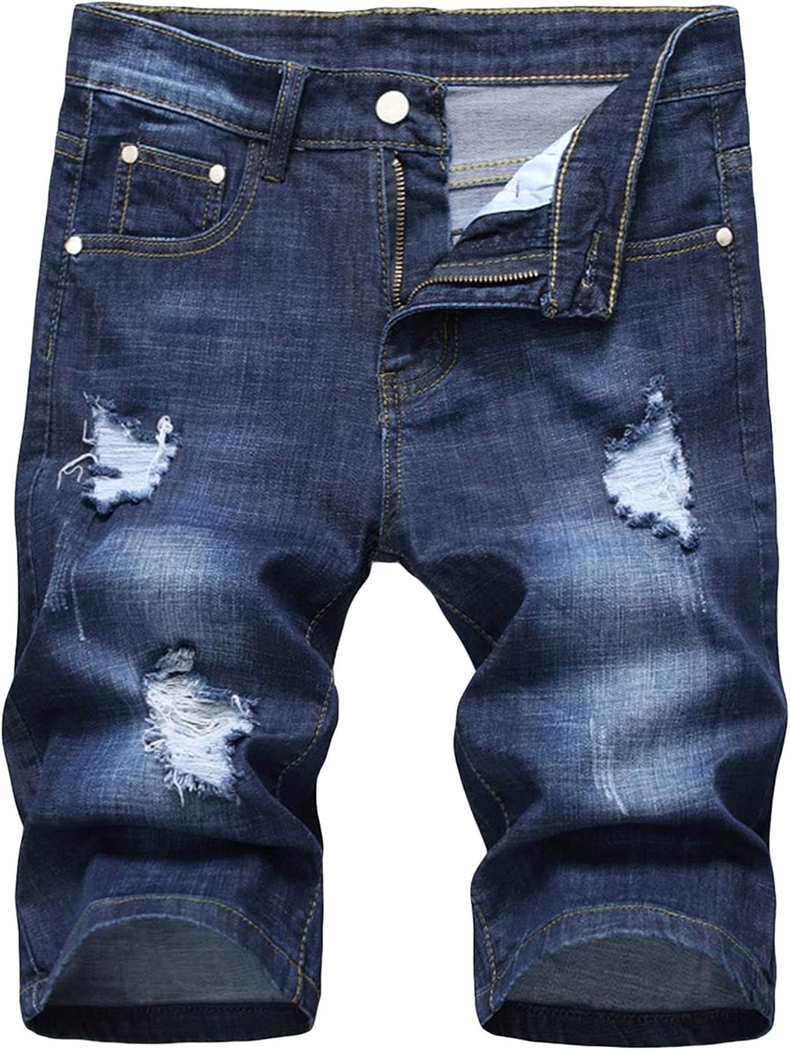 DGHM-JLMY Men's Regular Fit Zip Up Jean Shorts Rolled Moto Bike Denim Shorts Casual Distressed Hollow Out Shorts Jeans