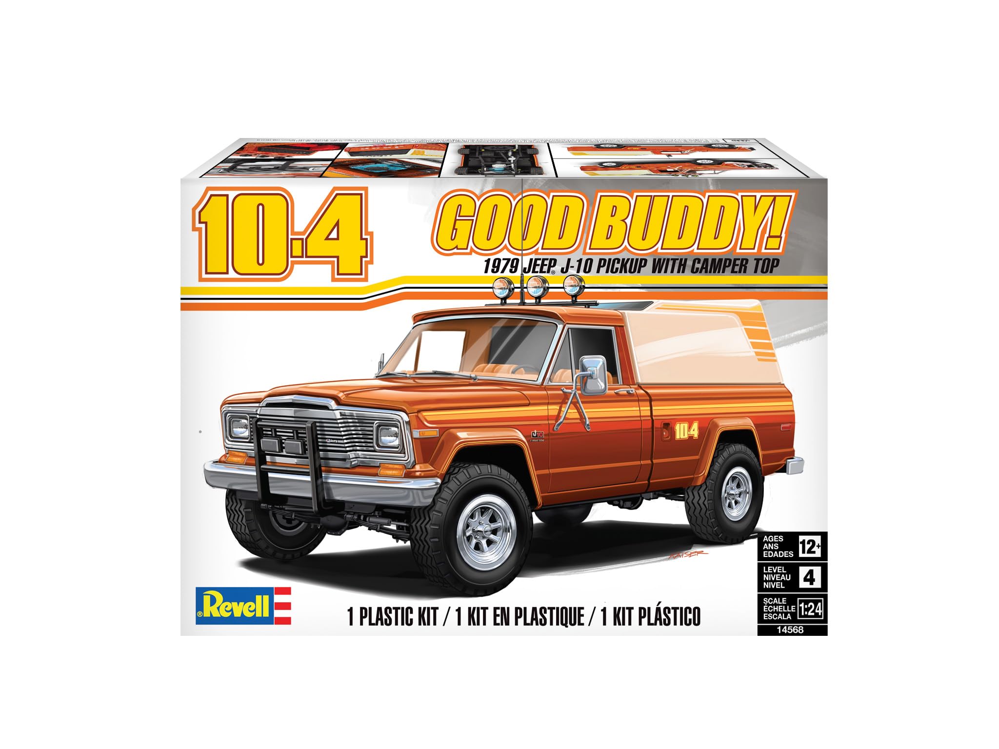 Revell Monogram 14568 - Jeep J-10 Pickup z przyczepą kempingową w skali 1:24, niezabudowany/niepomalowany model plastikowy