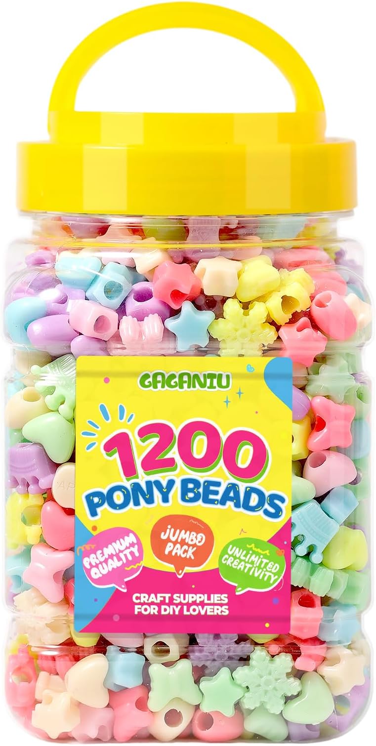 Assorted Pony Beads 1200 pcs Multi-Colored Plastic Beads Bulk for Bracelet Making,Hair Braiding DIY Crafts Kandi Jewelry Key Chains and Ornaments Decorations