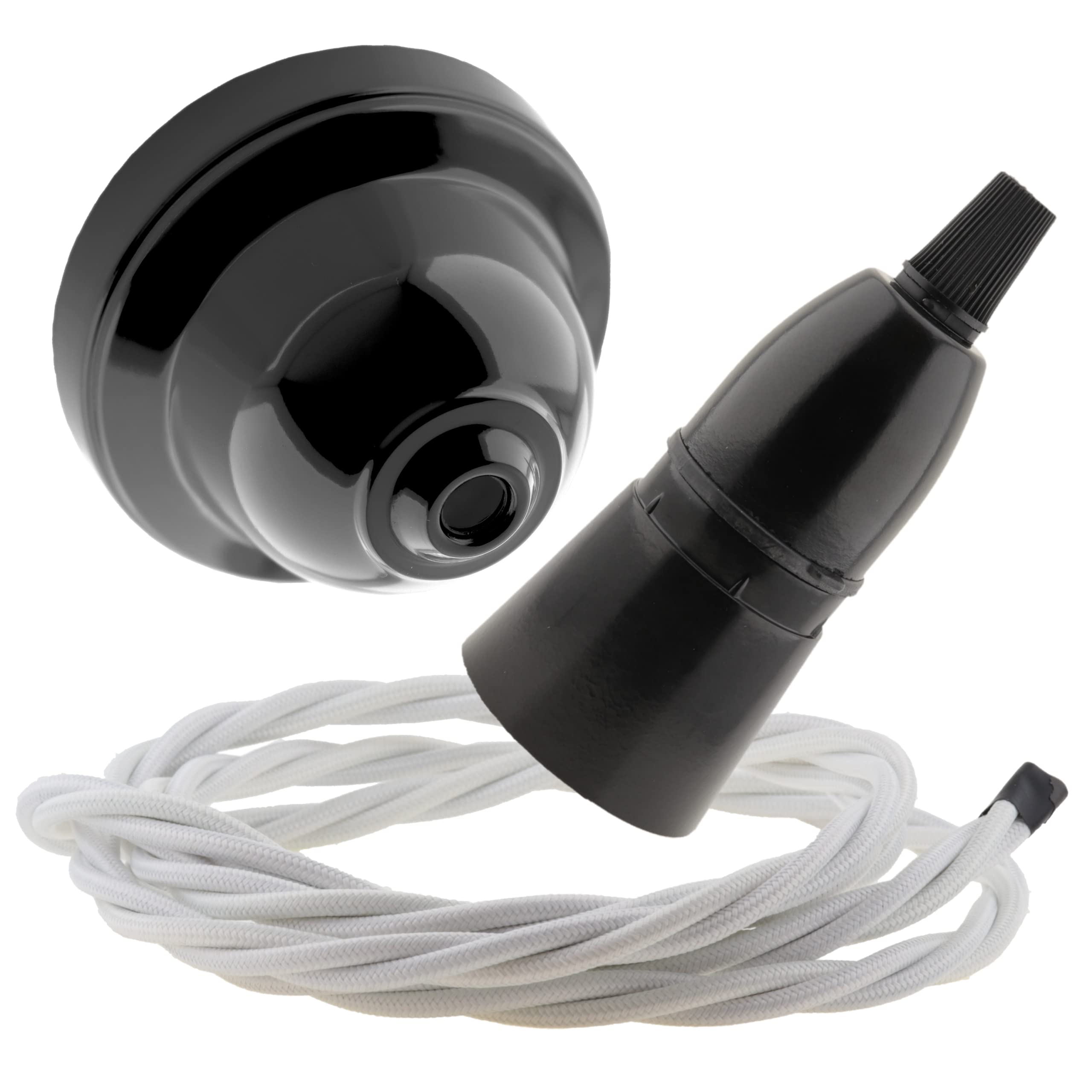 Repaireum Ltd. Black Bakelite Ceiling Pendant Kit with B22 Skirted Lampholder and White Flex