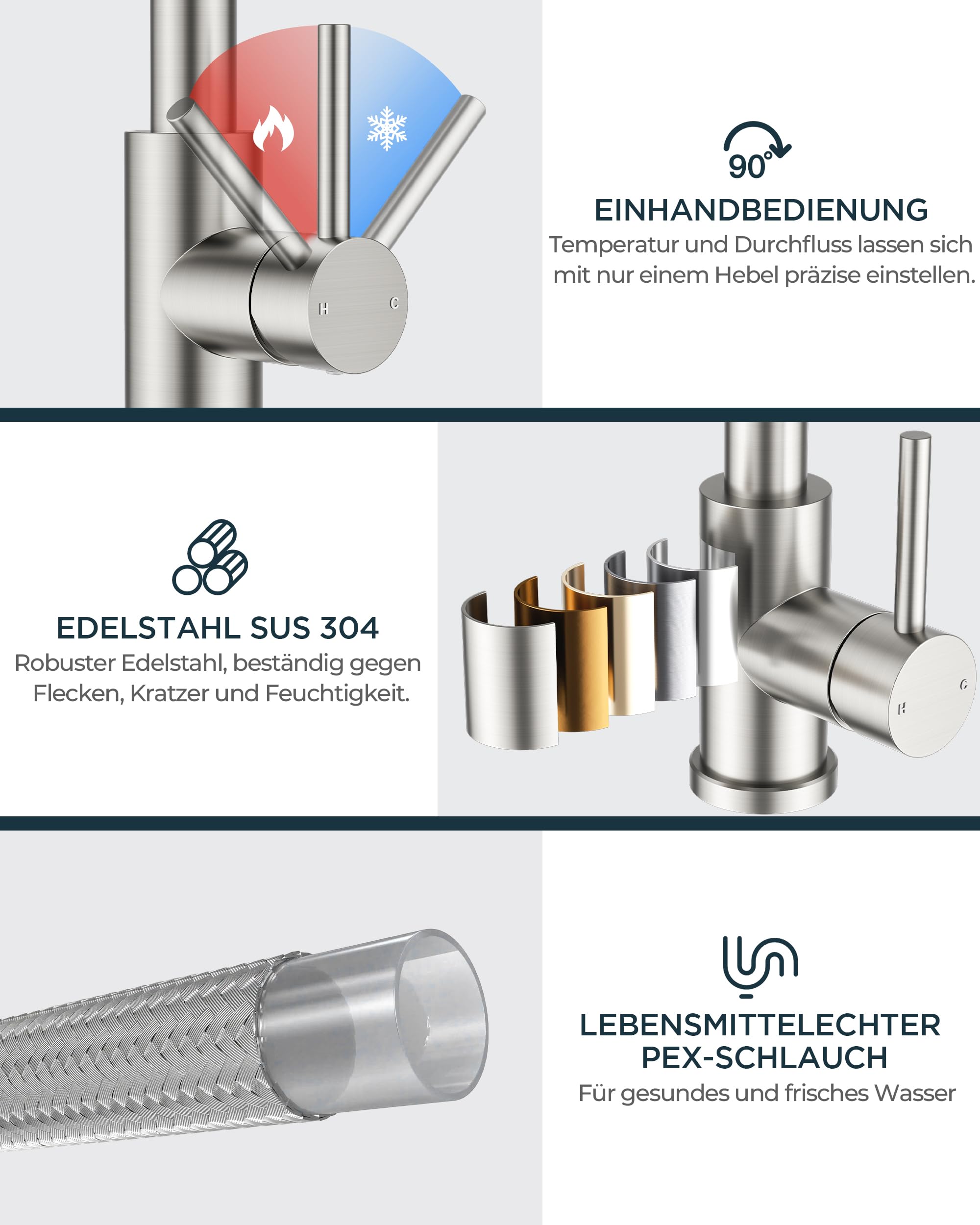 FORIOUS Wasserhahn Küche, Mischbatterie Küche mit Ausziehbar, Hochgebogene Küchenarmatur mit 2 Sprüharten, 360° Schwenkbar, Edelstahl