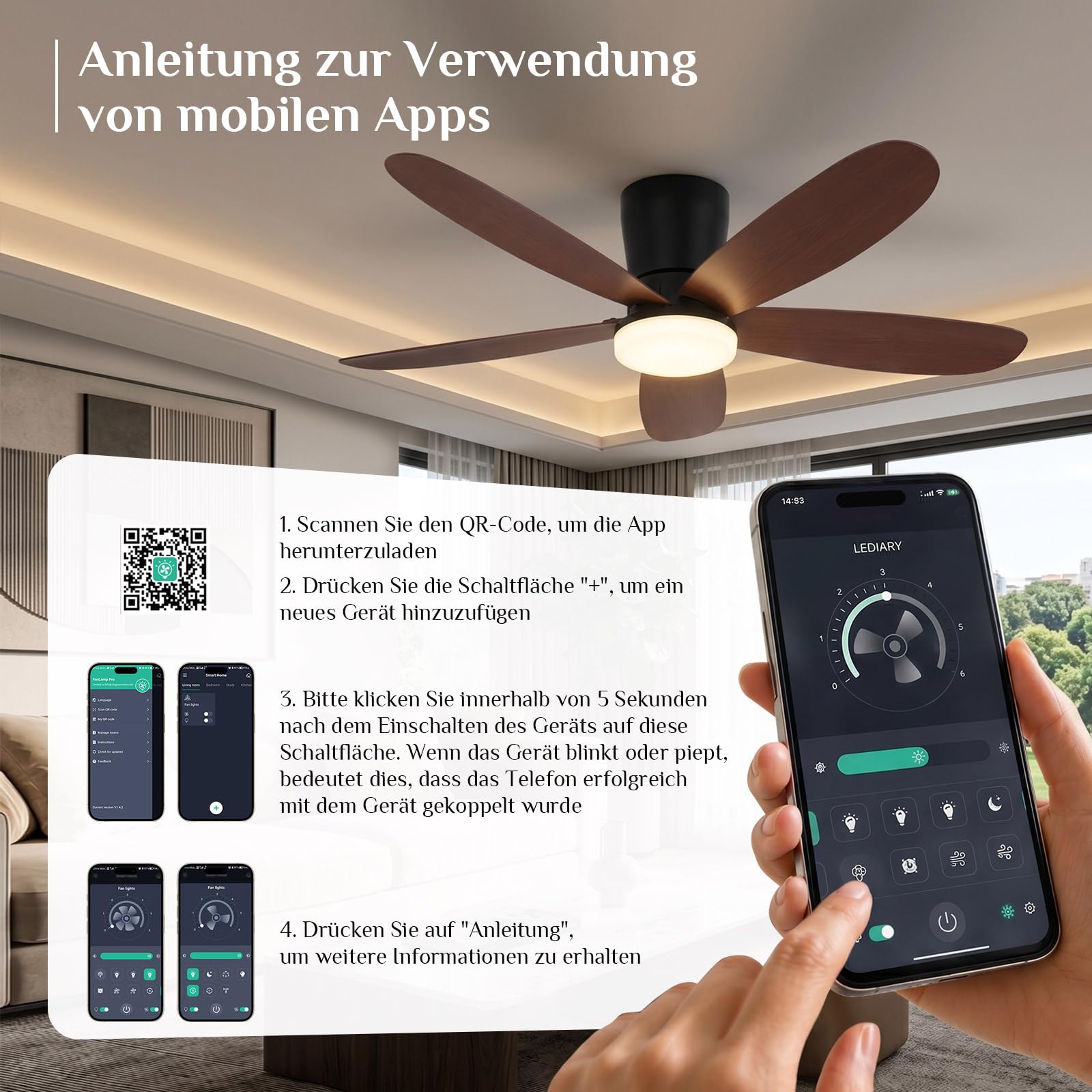 Deckenventilator mit Beleuchtung & Fernbedienung, App-Steuerung 107 cm Deckenventilator Leise mit DC Motor, Dimmbare LED in 3 Farben, 6 Geschwindigkeiten, Reversibel für Schlafzimmer & Wohnzimmer