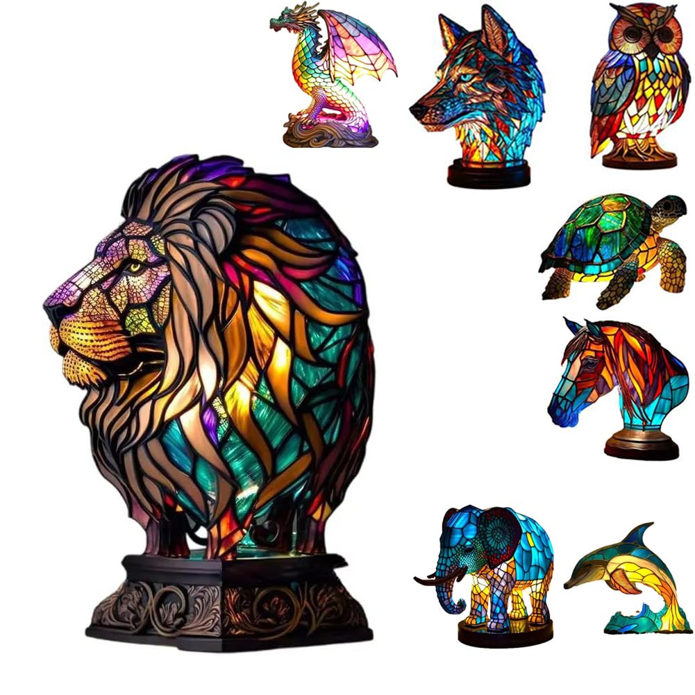Lampada da Tavolo Animale Stile Vetro Colorato Vintage,Luce Notturna LED USB Lampada da Comodino Decorativa in Resina per Camera da Letto 22cm/8.6in,Regalo per Amanti degli Animali, Lion