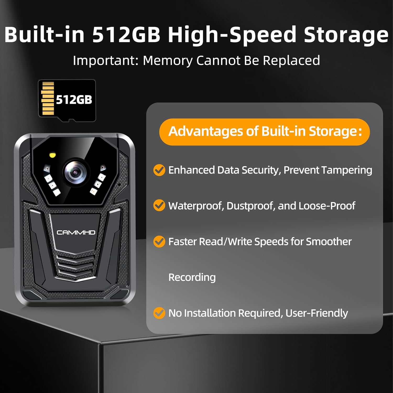 CAMMHD F6 512GB 4K Body Camera, Work 12-14Hrs and Ultra Night Vision, Waterproof Body Cameras with Audio and Video Recording H.265 Video Code Police Body Camera for Law Enforcement