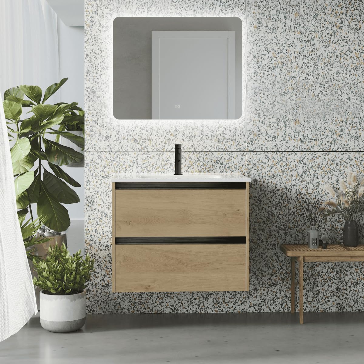 Mueble de Baño Suspendido Fondo Reducido con Lavabo Cerámico para Aseos| Mueble Volado 2 Cajones con Tirador | 50 cm Roble Natural Tirador Negro