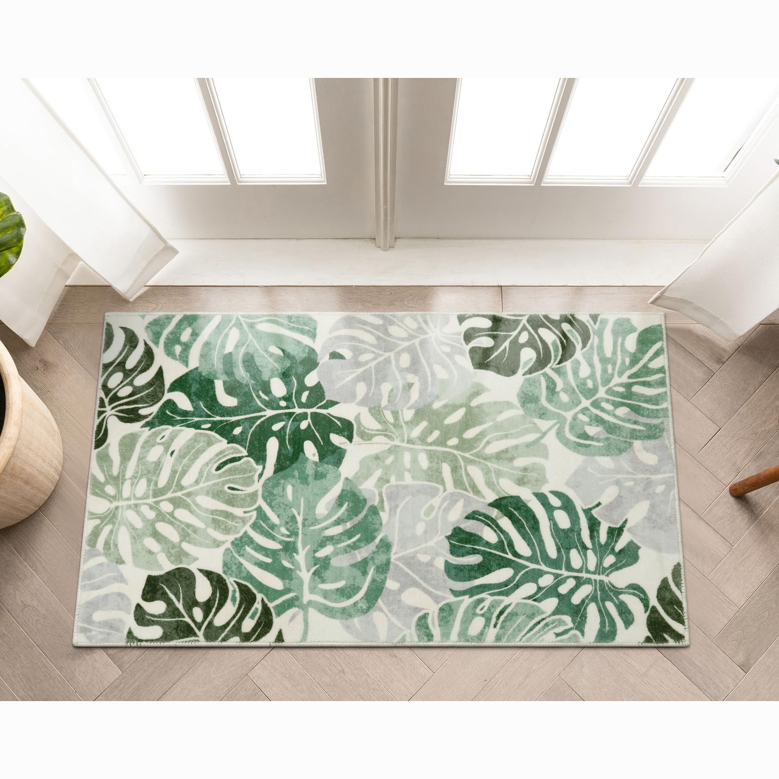 Wonnitar Tropical 2x3 Small Bathroom Rug, Washable Green Leaf Bath Mat, Non-Slip Cute Monstera Kitchen Sink Throw Rug, Low Pile Non-Shedding Floor