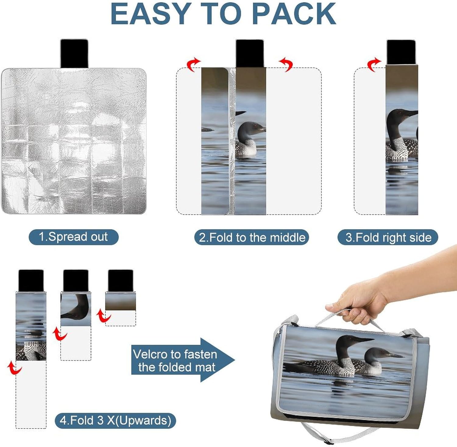 Outdoor Picnic Blanket,Loon Birds Print Picnic Blankets,Large Beach Blanket Sand Free Foldable Portable Camping Blanket, 58.3x58.3