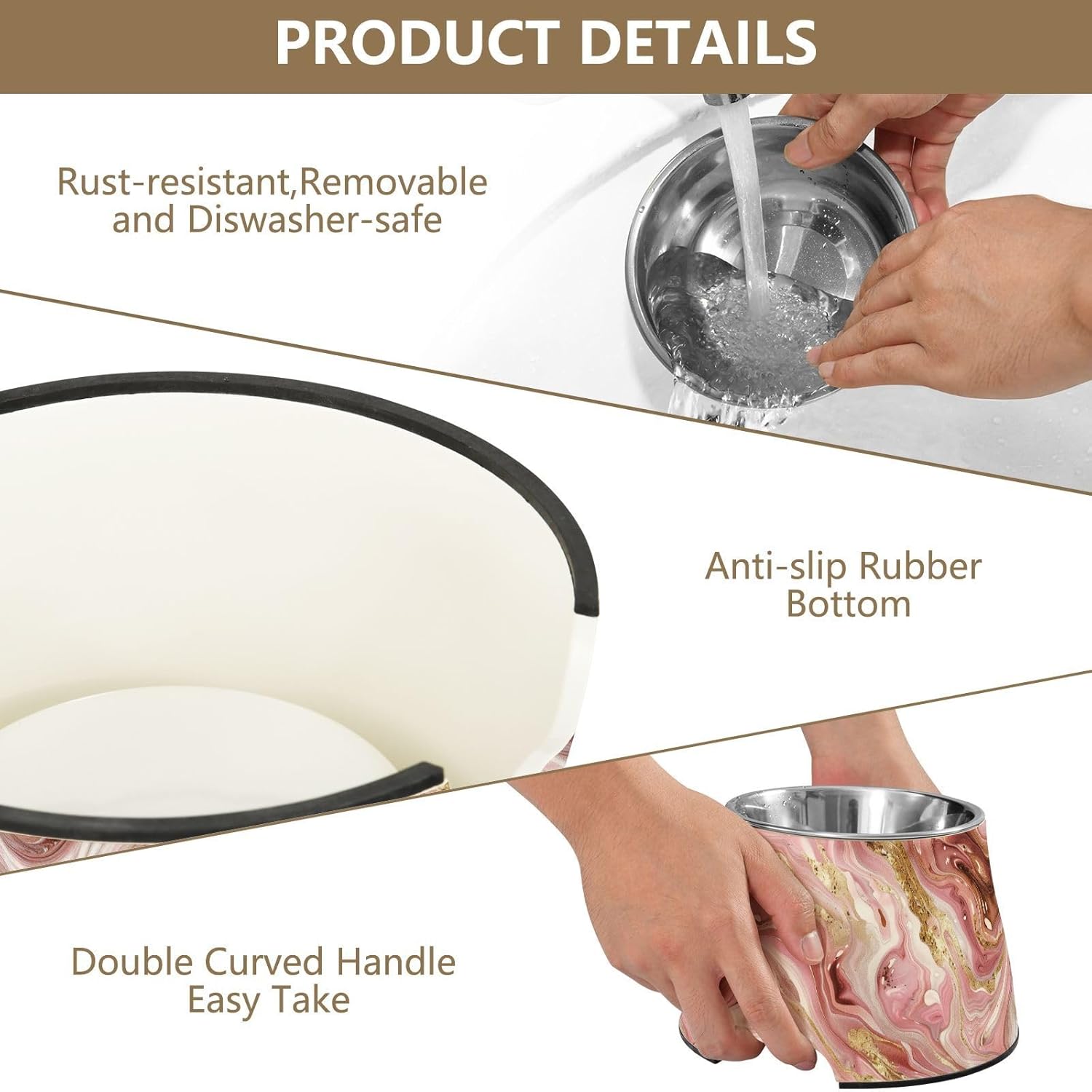 Swirling Rose and Gold Marble Patterns Dogs Feeding Bowls with Stand Stainless Steel Cats Food Dish for Slow Feed Cats Comfort Feeding