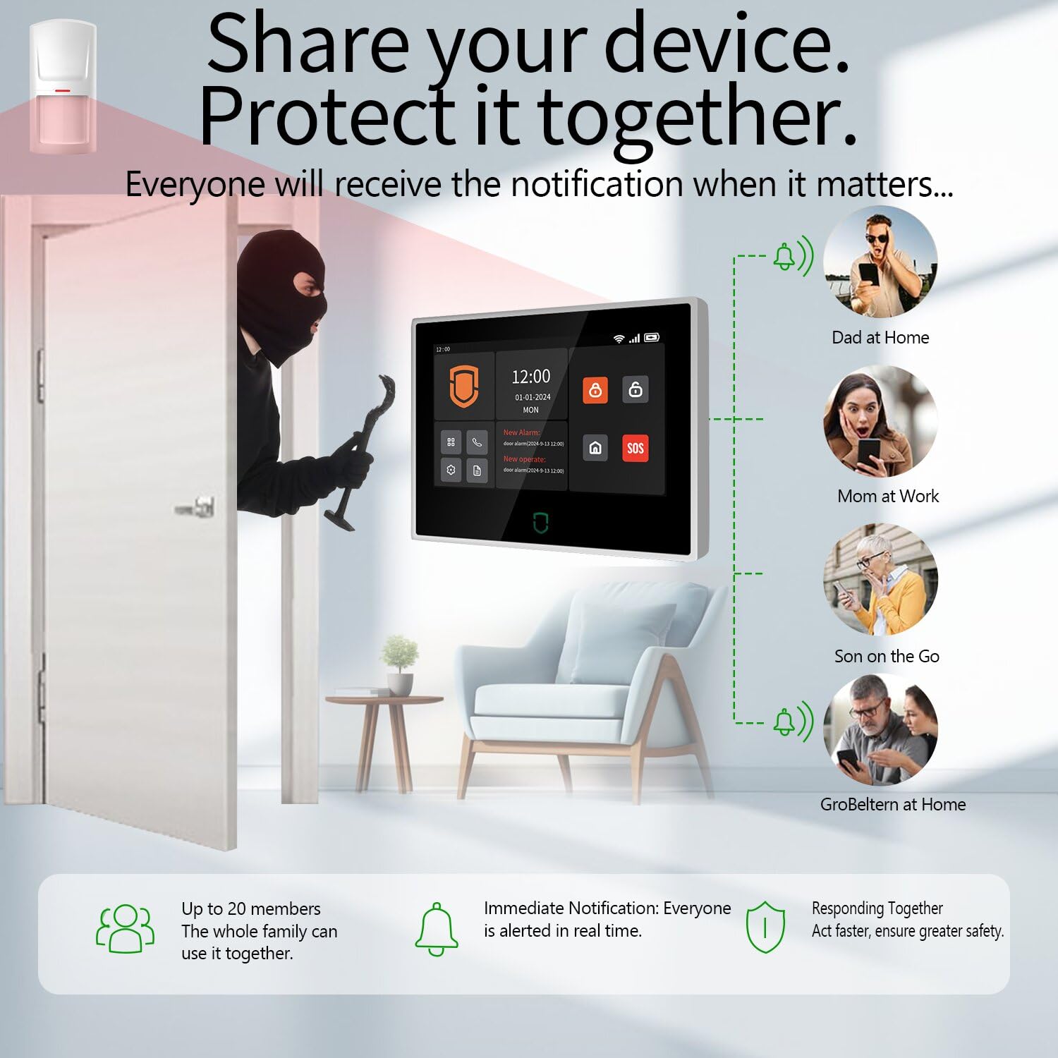 Wolf Guard WT4F-01A Sistema de Alarma 4G + WiFi Pantalla Táctil 7" | Sistema Completo Inteligente Tuya, App/SMS/Alarma de Llamada Telefónica, Sirena Exterior 110 dB, Sensores Incluidos