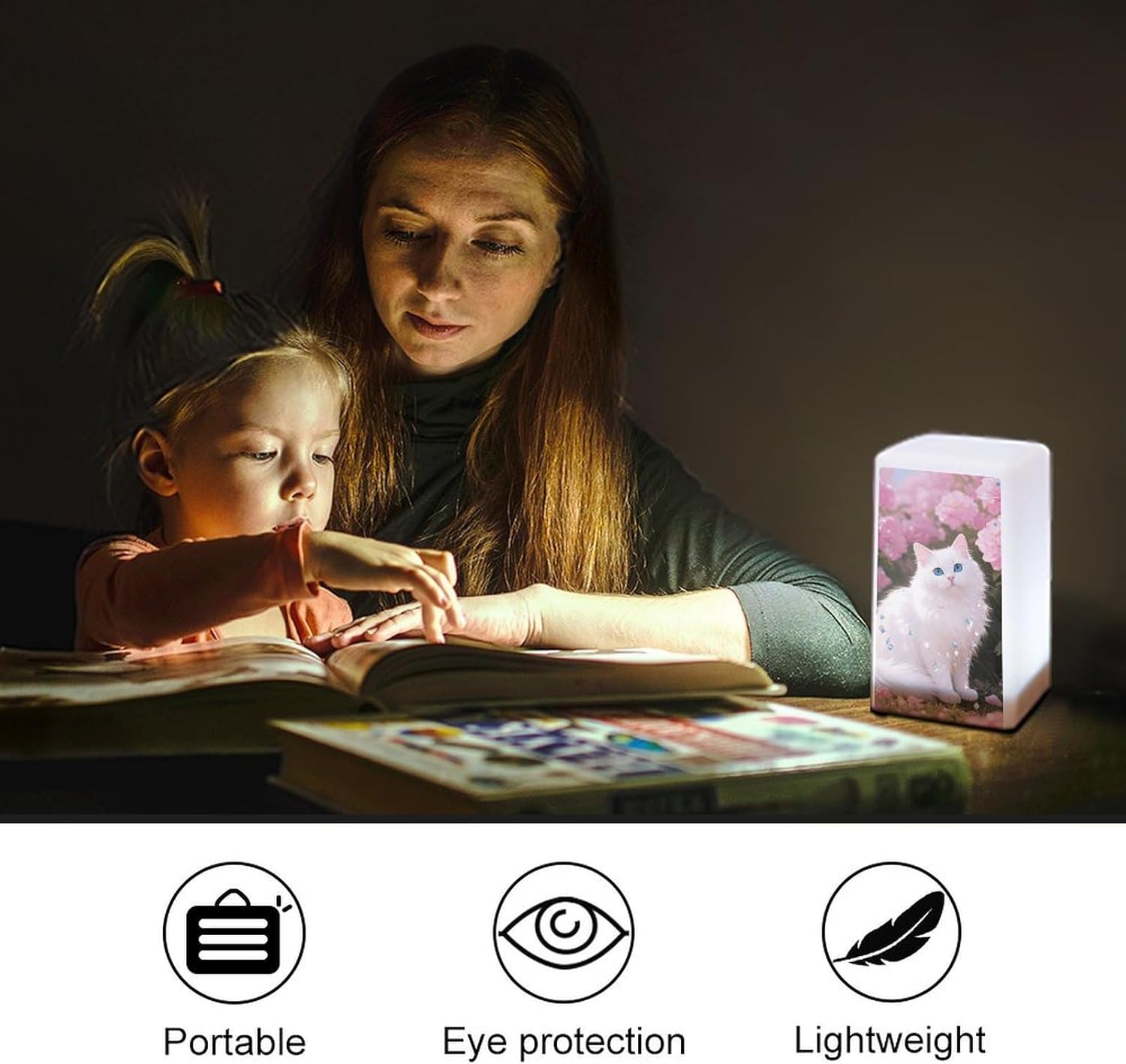 Dimmable Portable Desk Lamp Reading Table Lamp Pink Flowers and Cats Bedside Night Light Battery Powered for Home Office Gift