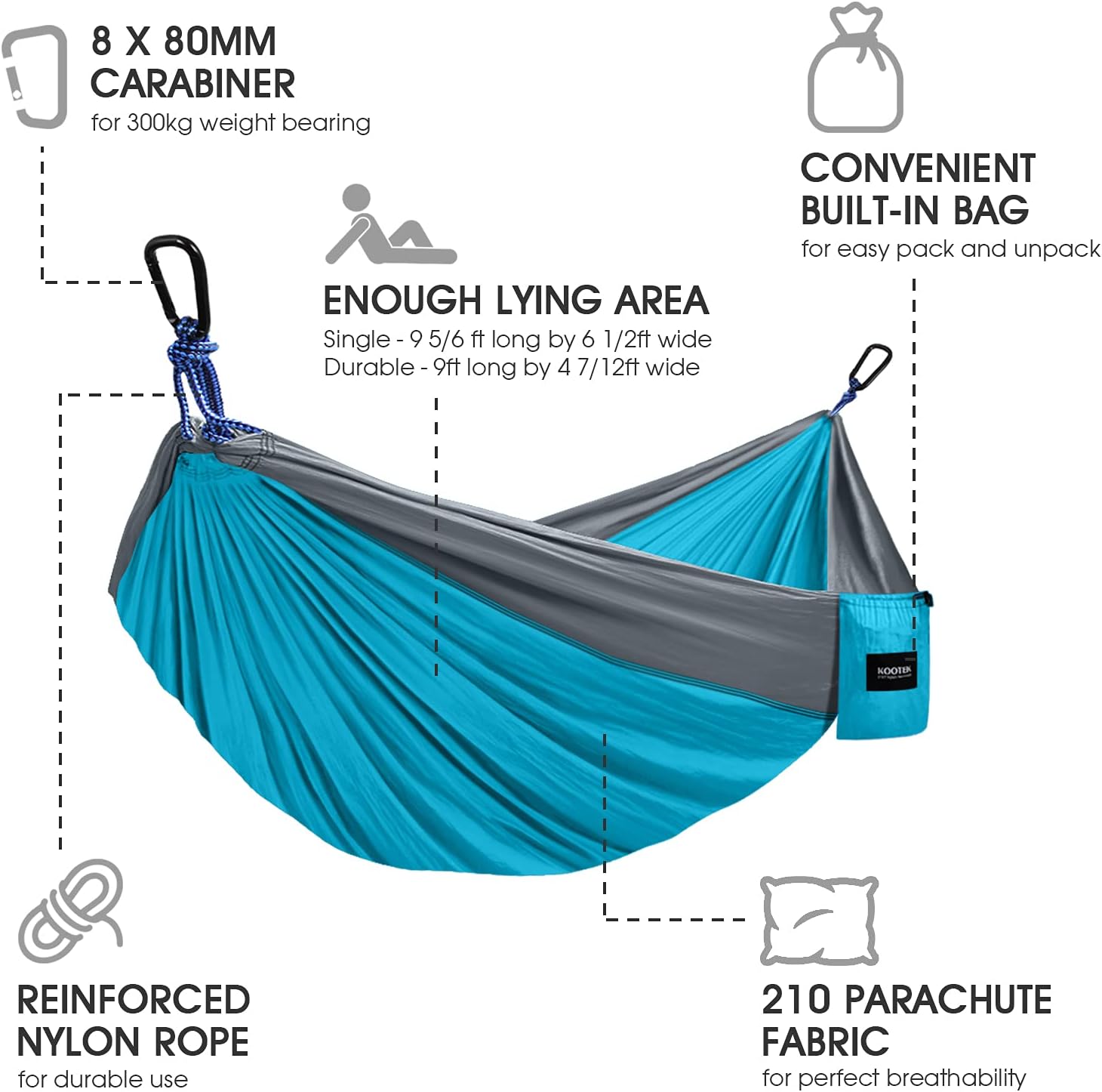 Kootek Camping Hammock Double & Single Portable Hammocks with 2 Hanging Ropes, Lightweight Nylon Parachute Hammocks for Backpacking, Travel, Beach, Backyard, Hiking