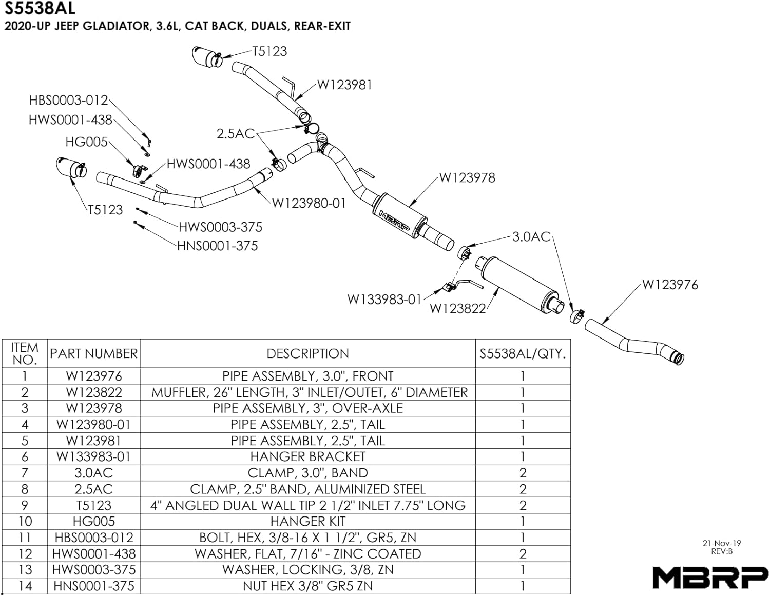 MBRP 2020 Jeep Gladiator 3.6L 2.5in Dual Rear Exit Cat Back Exhaust Aluminized