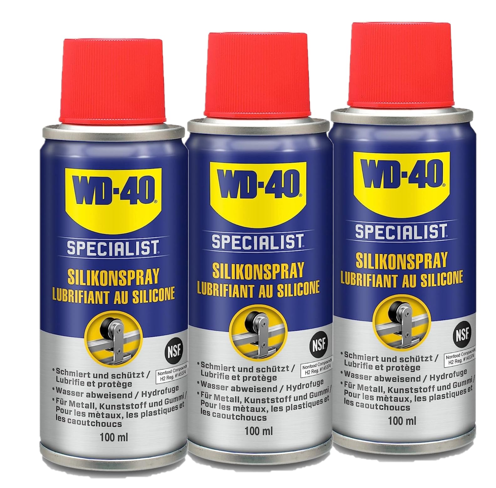 WD-40 Specialist Silikonspray 3x100 ml – Schutz und Schmierung für Gummi, Kunststoff und Metall, verhindert Austrocknung, reduziert Reibung und bildet wasserfesten, nicht fettenden Film