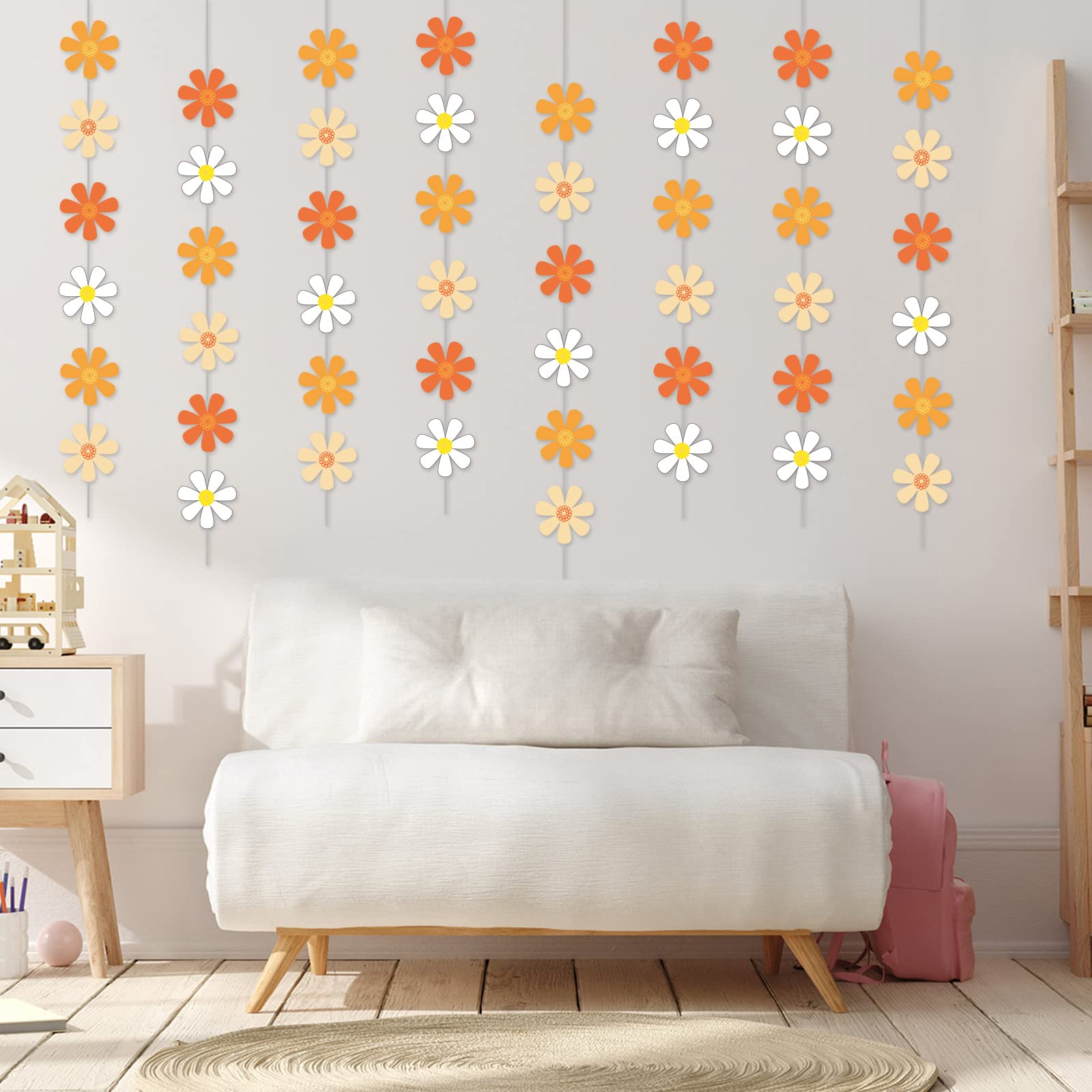 Paquete de 8 banderines bohemios de margaritas para fiesta, kit de guirnalda de margaritas colgantes de remolino hippie, suministros de fiesta, decoraciones de papel de margaritas para cumpleaños,