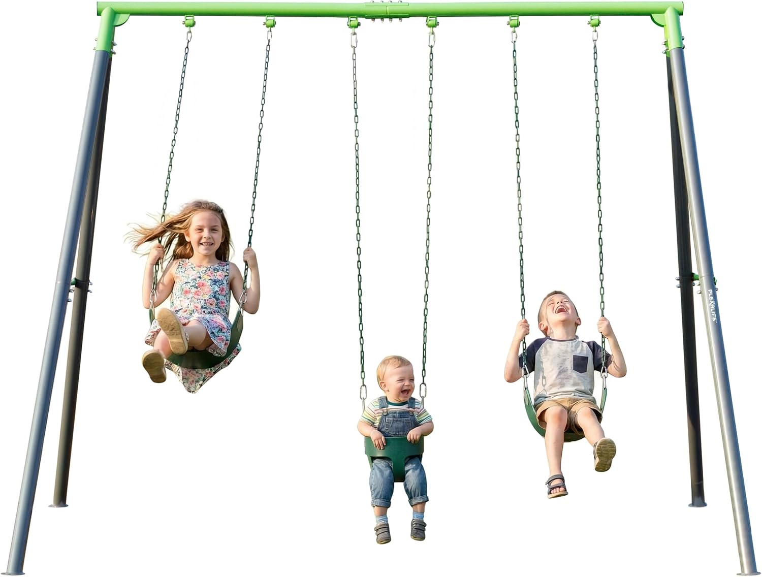 Heavy-Duty 3 Seater Metal Swing Set for Kids, Outdoor Backyard Garden Playset with One Bucket and Two Belt Seats, 600lbs Capacity