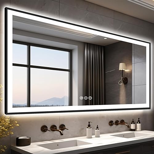Miniatura 11 de 48x32 Espejo de Baño Iluminado, Espejos de Pared de Hollywood con Bombillas LED, 3 Temperaturas de Color y Atenuación Sin Escalas, Antiempañamiento