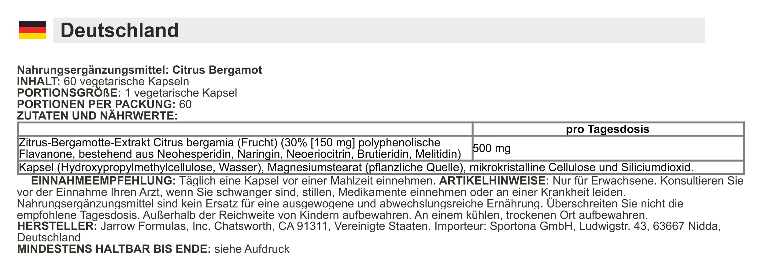 Jarrow Formulas - Citrus Bergamota | 500 mg para la salud cardíaca y vascular - 60 cápsulas
