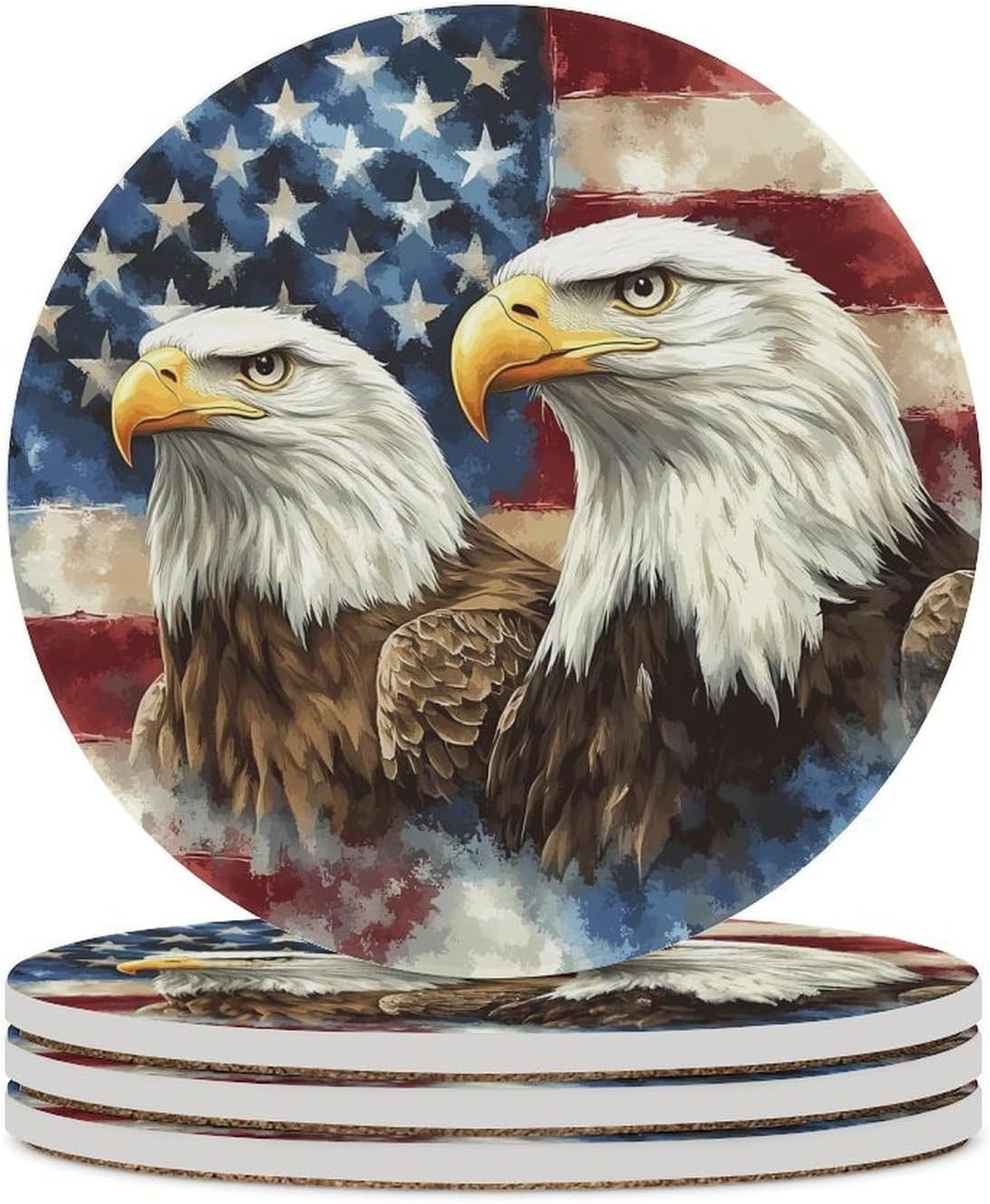 Eg-gles with U.S. Flag Round Ceramic Coasters Print Drinks Absorbent with Cork Base for Home Decor Gifts 4 Inch