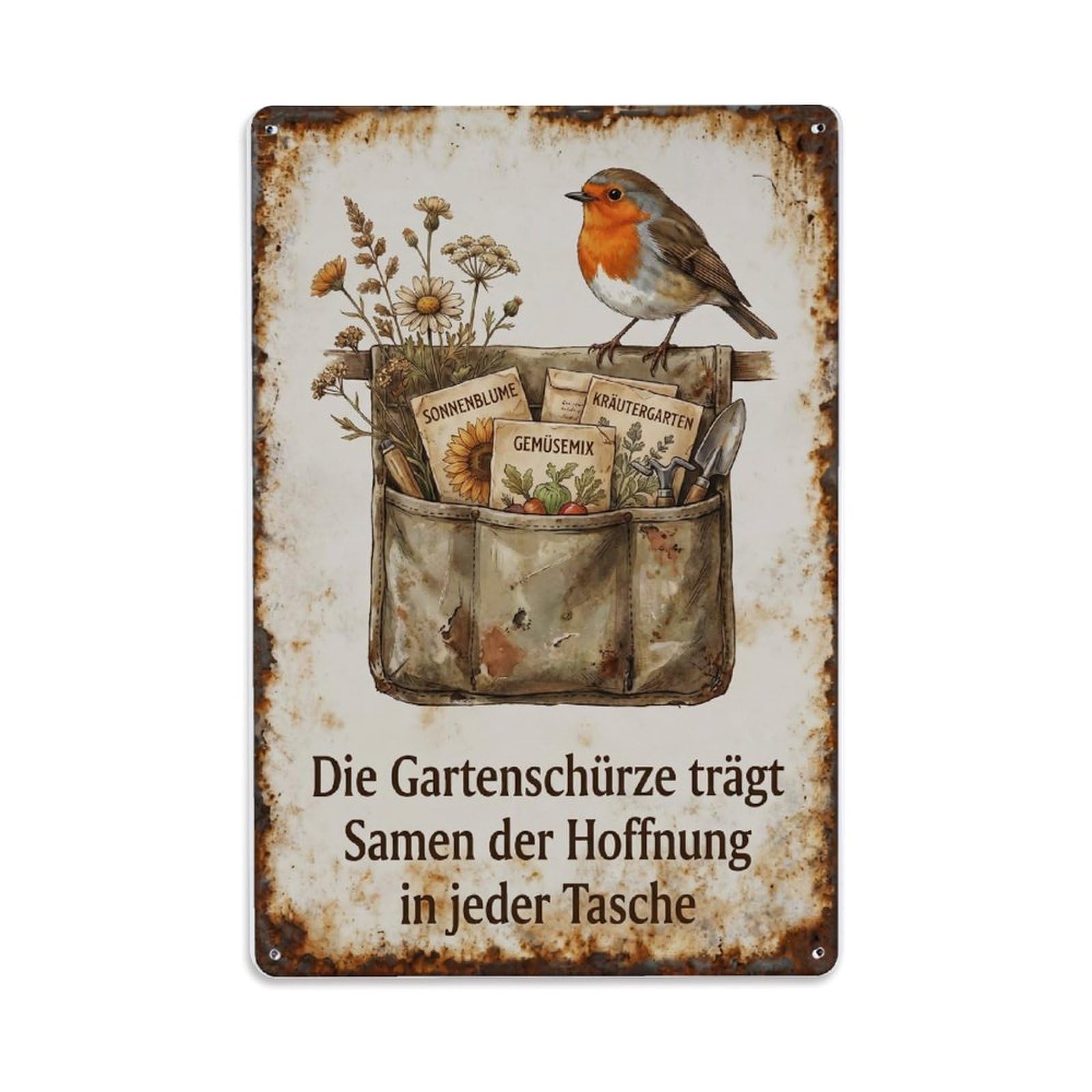 Fqnyr Style Robin Bird Garden Quote Apron（1） Metal Tin Sign Plaque Wall Decor For Cafe, Club Bar, Office, Home Garden Metal Poster 8X12inch