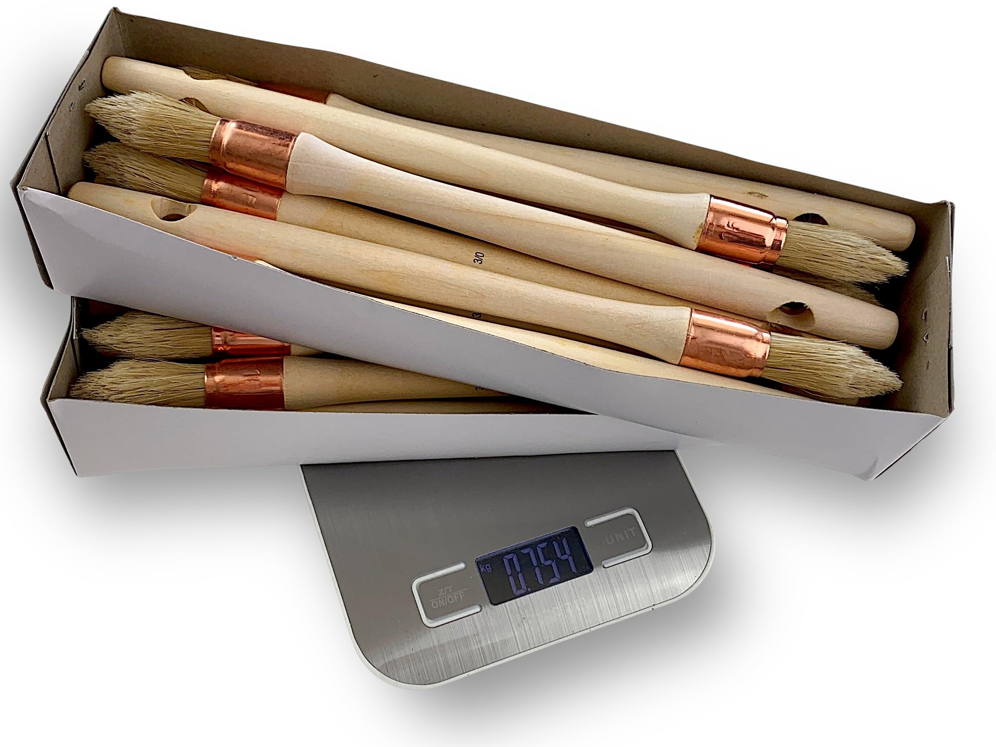 Lot de 24 pinceaux à rechampir | Brosse Ronde Ø15 mm en Soie Blanche | Manche en Bois Brut | Idéal pour Peinture et rénovation de Volets, moulures, plinthes et Angles| Kibros 371D15_30x24