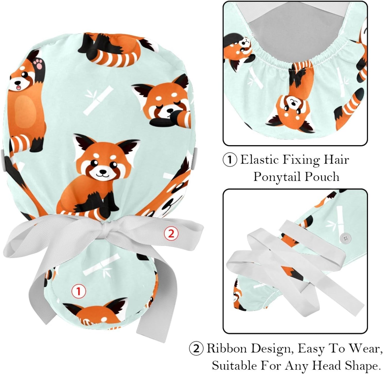 2 Packs 4om0lw Cute red Panda and Bamboo Scrub Cap, Adjustable Tie Back Hat, One Size Working Head Cover
