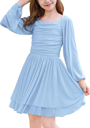 IBTOM CASTLE Girls Long Sleeve Formal Dress Teen Ruched Flowy Birthday Party Prom Graduation Homecoming Dance Dresses