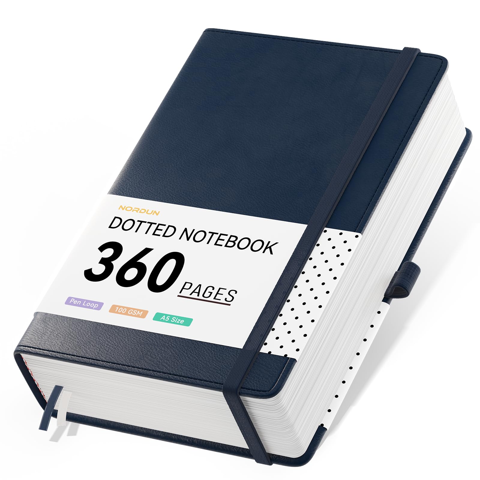 NORDUN A5 360 Pages Dotted Notebook,Leather Hardcover with Sticky Notes&Inner Pocket,100gsm Thick Paper Journals Notebook for Men Women Writing School,Office,Home,14.5 x 21cm - Dark Blue