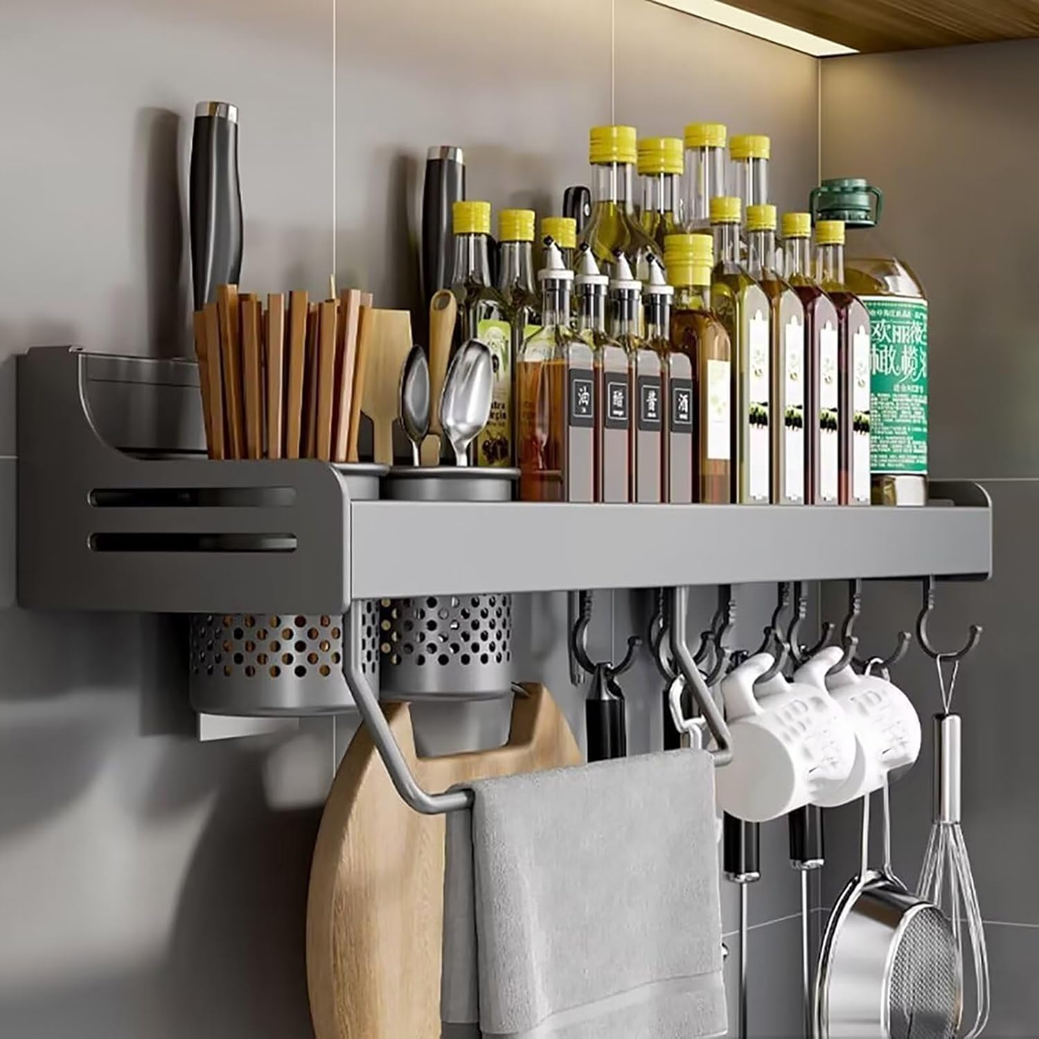 Wandmontiertes Gewürzregal, Küchenorganizer mit beweglichen Haken und Messerhalter, 40 cm, Aluminium-Aufbewahrungslösung für kleine Räume, keine Bohrinstallation