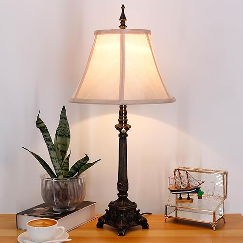 Farmhouse Table Lamp Antique Resin Base Traditional Rustic Mid-Century Desk Lamp 25.5 Inch Tall for Living Room Office Bedroom