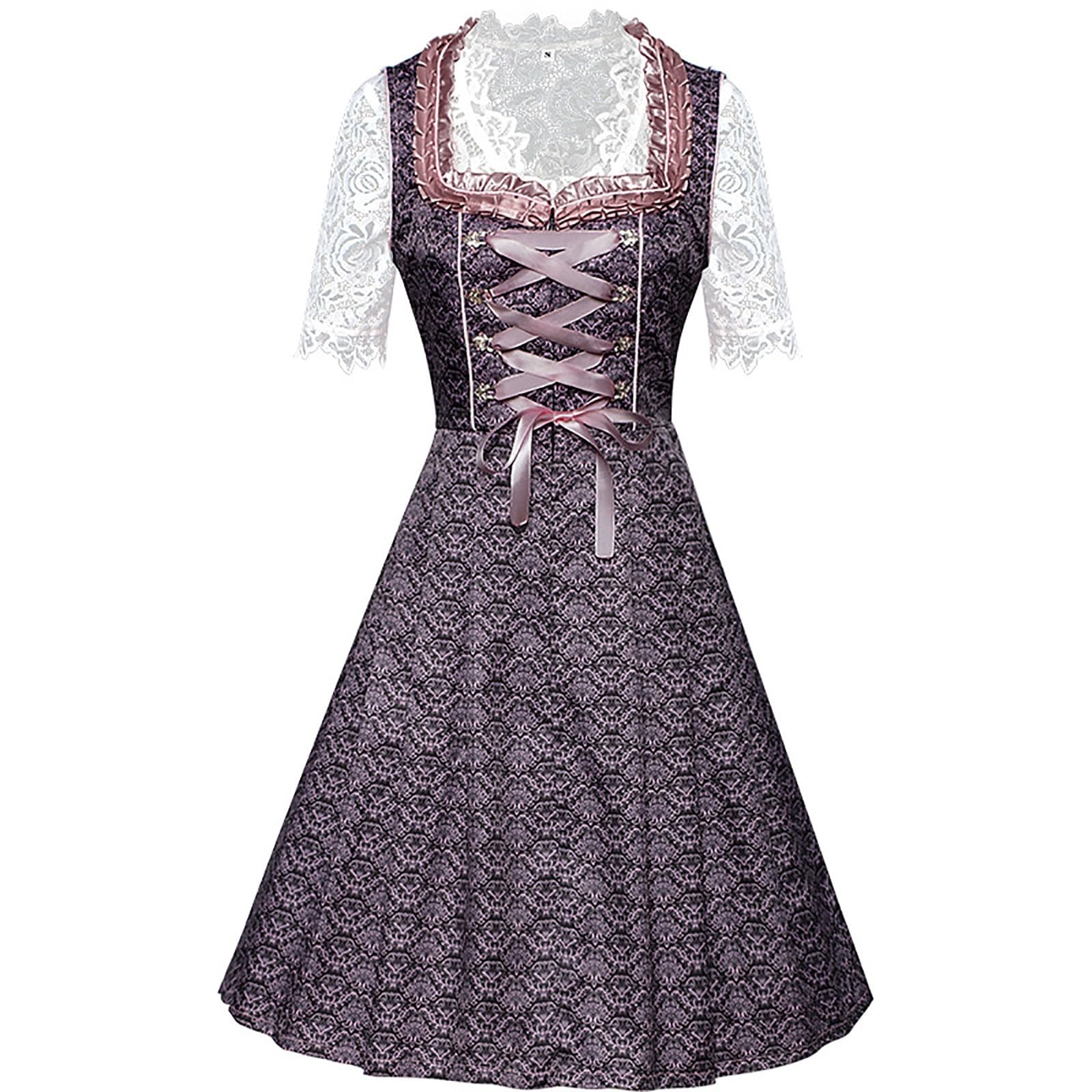 Vestito Dirndl Donna Lungo Abiti da Cerimonia Donna Vestito Bavarese per Oktoberfest Elegante per Regalare Stile al Party Abito Floreale in Pizzo con Grembiule e Stivali Tracht Cameriera