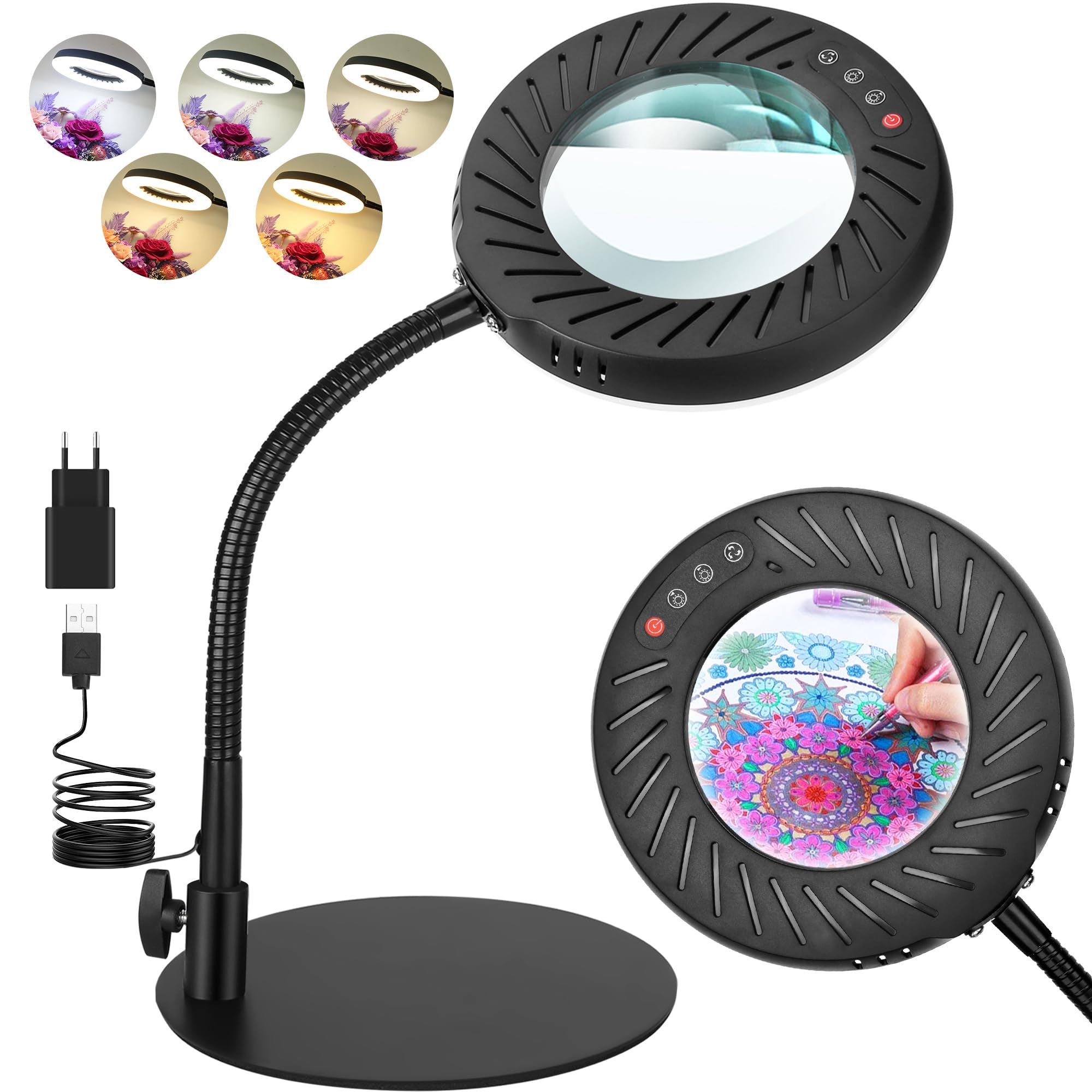 12X Lupe mit Licht und Ständer, 5 Farbmodi Dimmbar, Flexible Schwanenhals LED Schreibtischlampe Hände Frei für Malerei, Kunsthandwerk, Hobby, Nähen, Schließen Arbeit