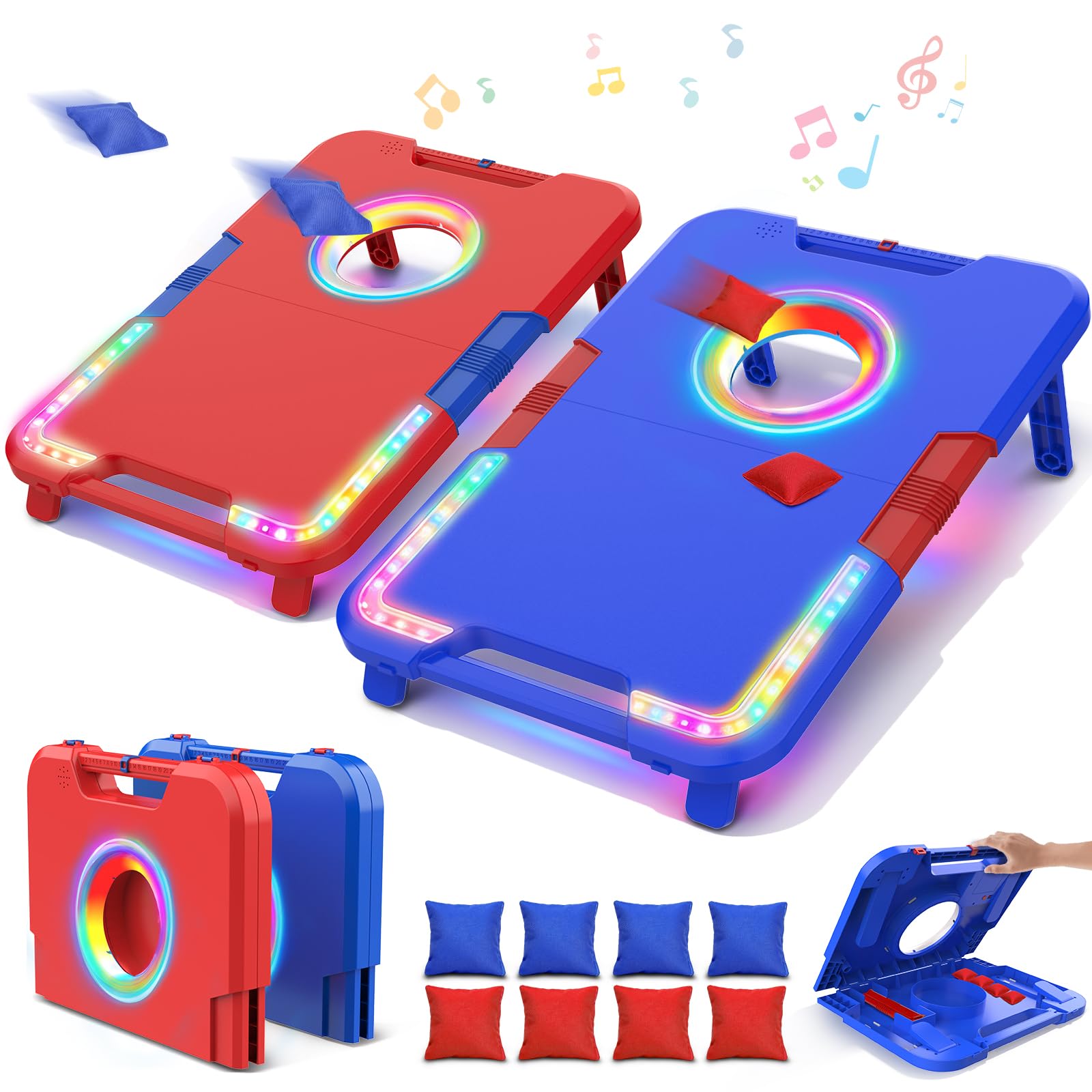 VATOS Tragbares Cornhole-Set mit LED-Lichtern & Soundeffekten, Punktanzeige, klappbar – 2 Spielbretter & 8 Beutel für Garten, Camping, Tailgate-Partys, Outdoor-Spiel für Kinder und Erwachsene