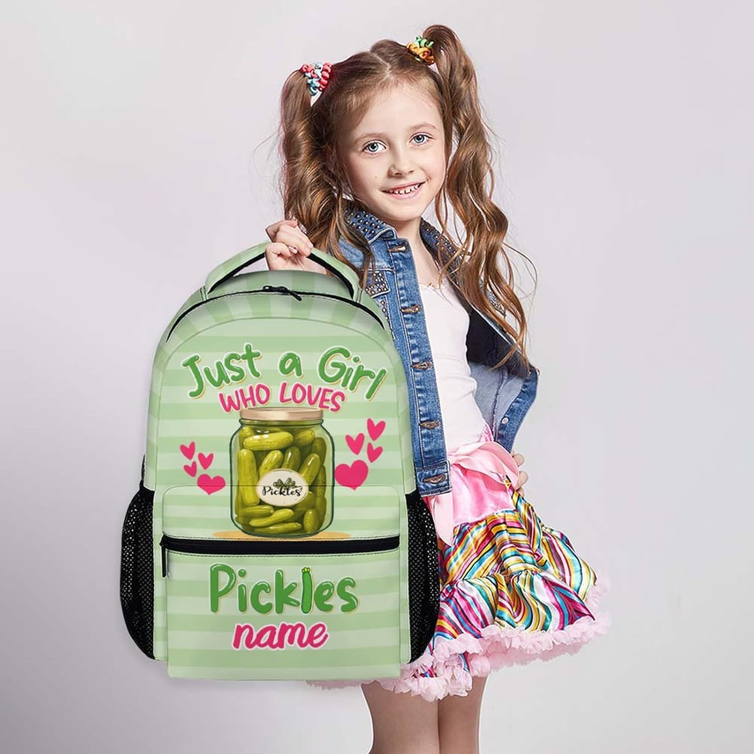Custom Pickle Backpack for Girls, Personalized 17" Large Capacity Backpack for School, Green Lightweight Bookbag for Students Age 6-8