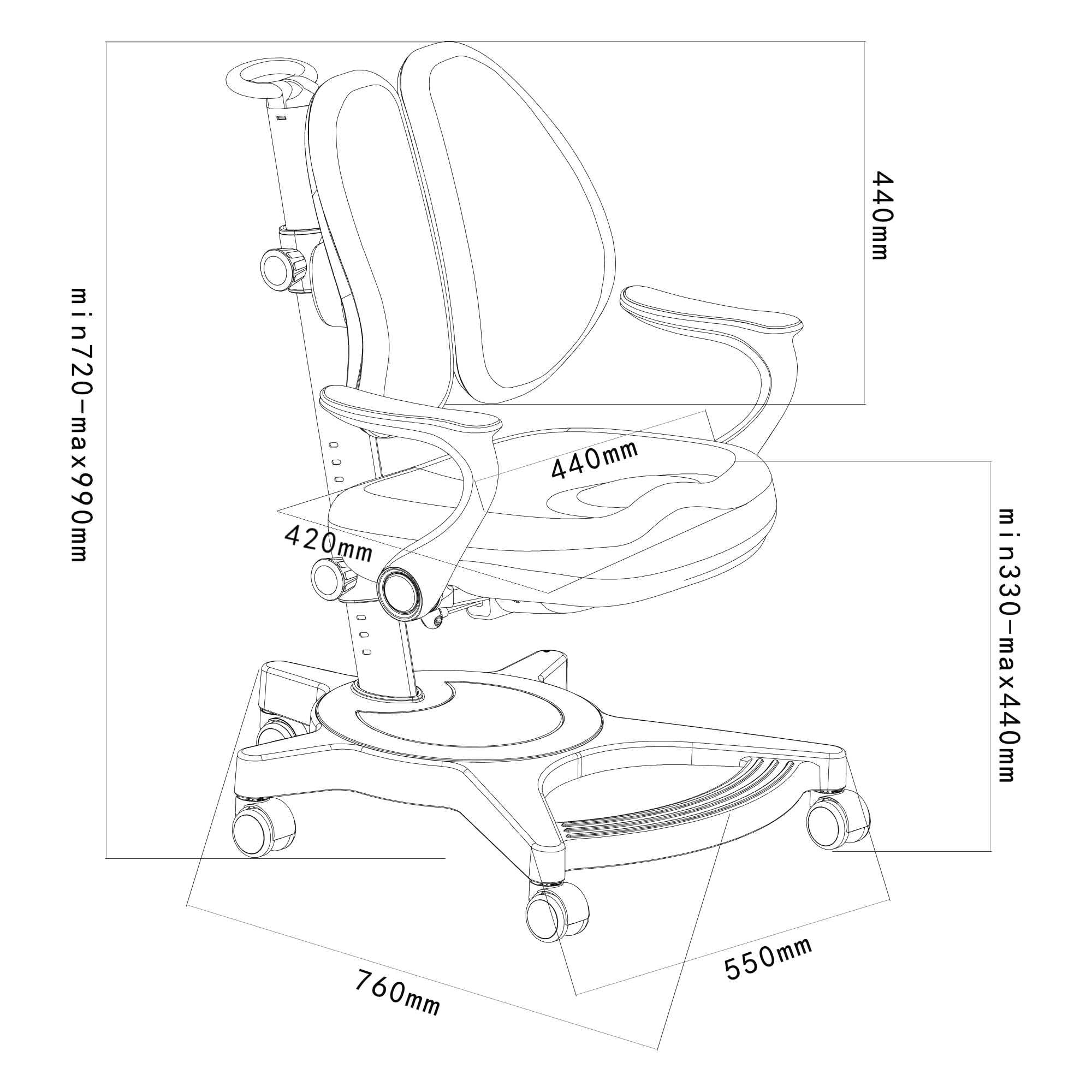 [en.casa] Kinderschreibtischstuhl Partille mit Rollen Kinder Drehstuhl höhenverstellbar Grau ergonomisch Kinderstuhl mitwachsend 99 x 55 x 76 cm