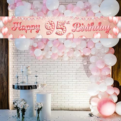 Miniatura 7 de Cartel de feliz cumpleaños 95 de oro rosa, telón de fondo de globos de confeti de 95 años, decoración temática de globos de confeti para mujeres de