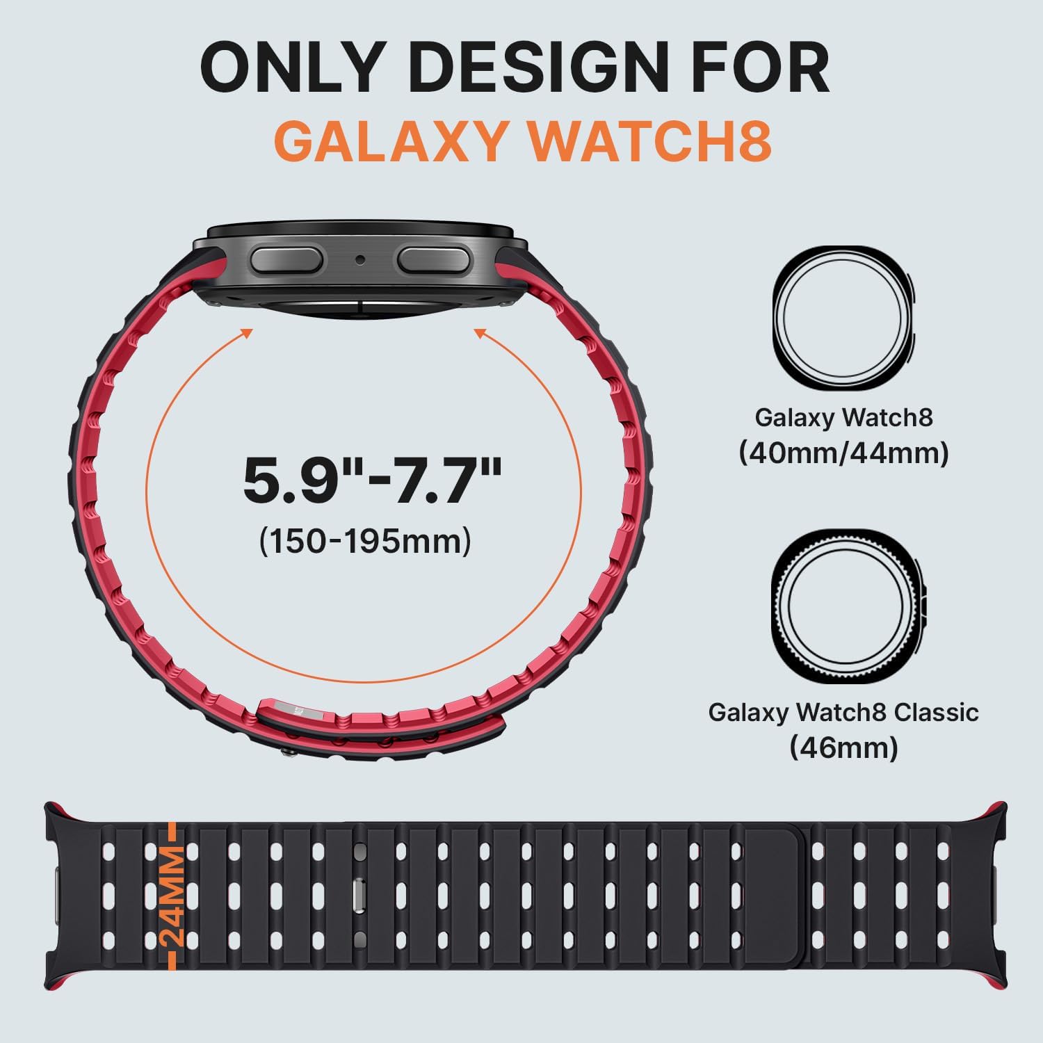 Bandletic Magnetic Silicone Band Compatible with Samsung Galaxy Watch 8 40mm 44mm / Watch 8 Classic 46mm 2025, No Gap Soft Breathable Replacement Strap for Men Women, Black/Red - Image 6
