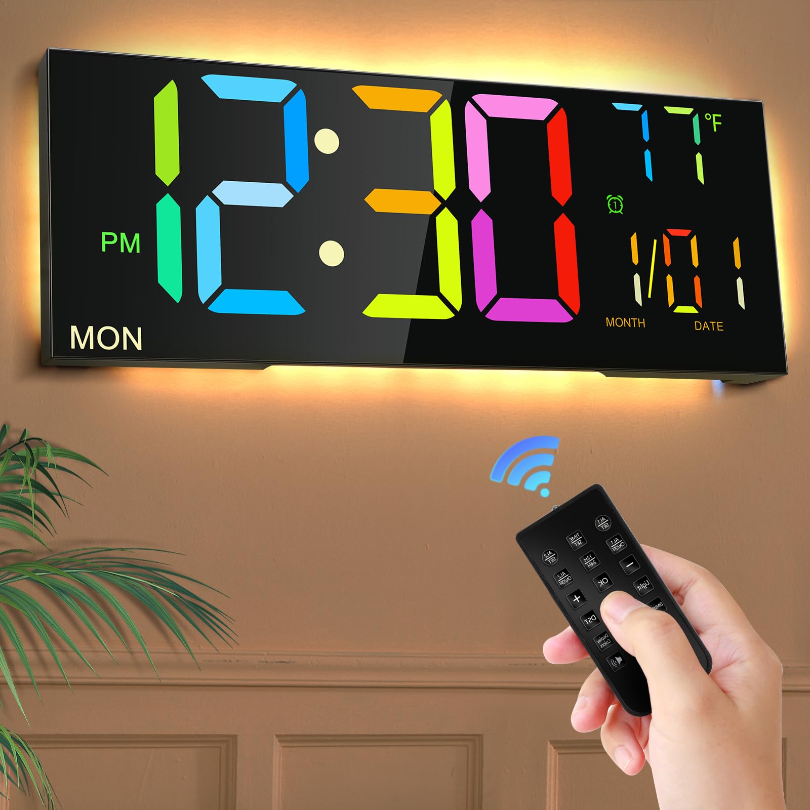 Reloj de Pared Digital de 13'' con RC Gran Pantalla Digital y Luz Nocturna con 9 Colores RGB Reloj Despertador Dual Auto Dimming 12/24H Reloj de Pared para Dormitorio Oficin