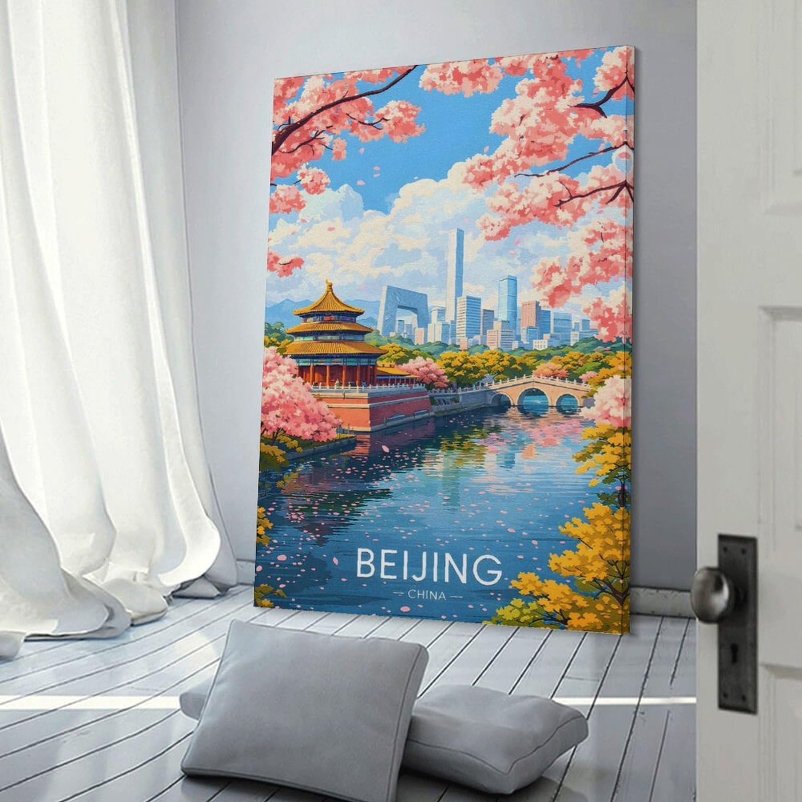 Junmoney Frame-Style-13-1 Beijing Cityscape With Cherry Blossoms Canvas Wall Art 12X18inch(30X45cm), For Workspace Walls, Study Corners Or Bedrooms, Wall Art That Adds Style To Work Areas