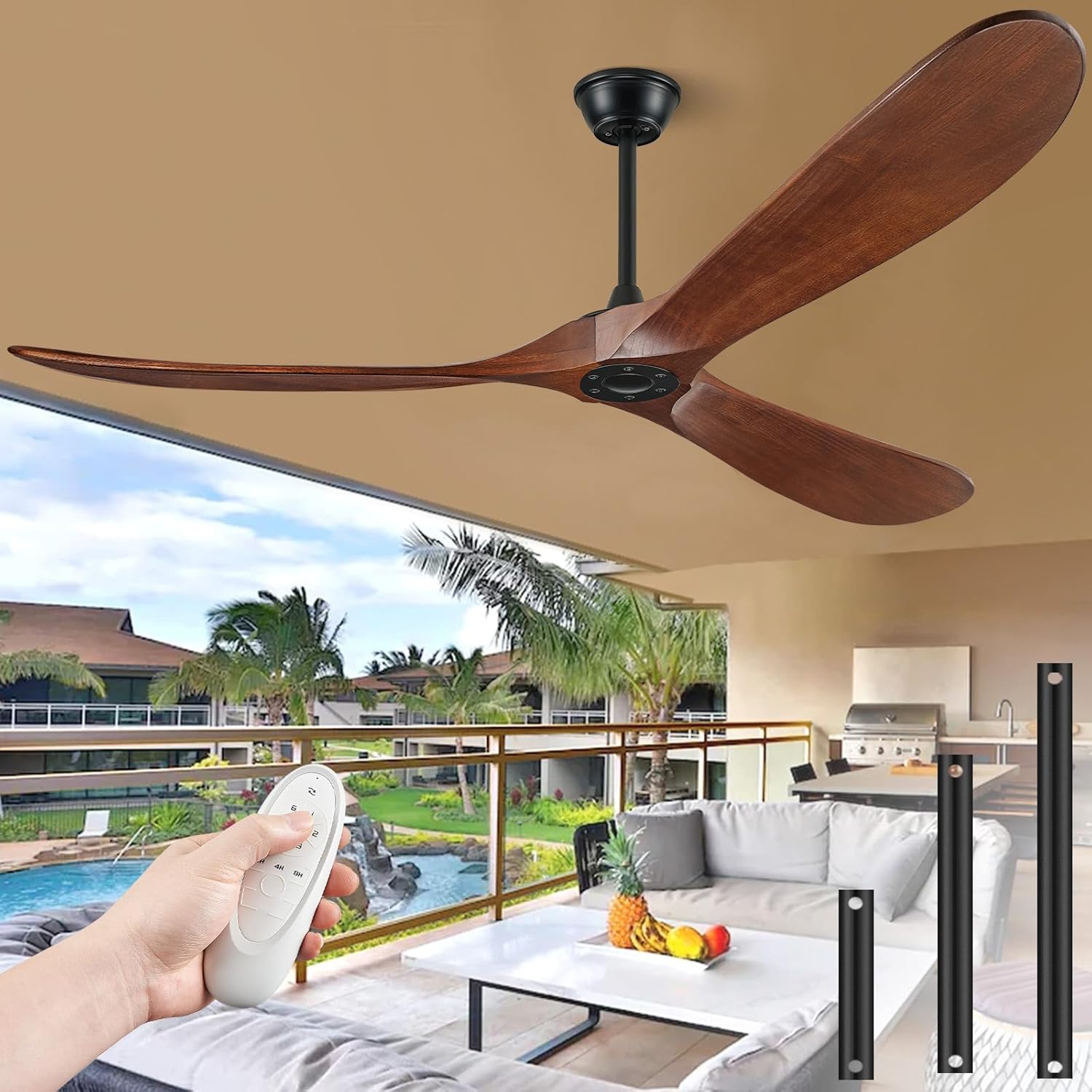 (Similar)72\" Ceiling Fans Without Lights, 72 inch Ceiling Fan No Light, High CFM Quiet 3 Blade Wood Walnut Ceiling Fan, Large Modern Outdoor Fan with Remote, Propeller Outdoor Ceiling Fans for Patios Dark Walnut 72 INCH