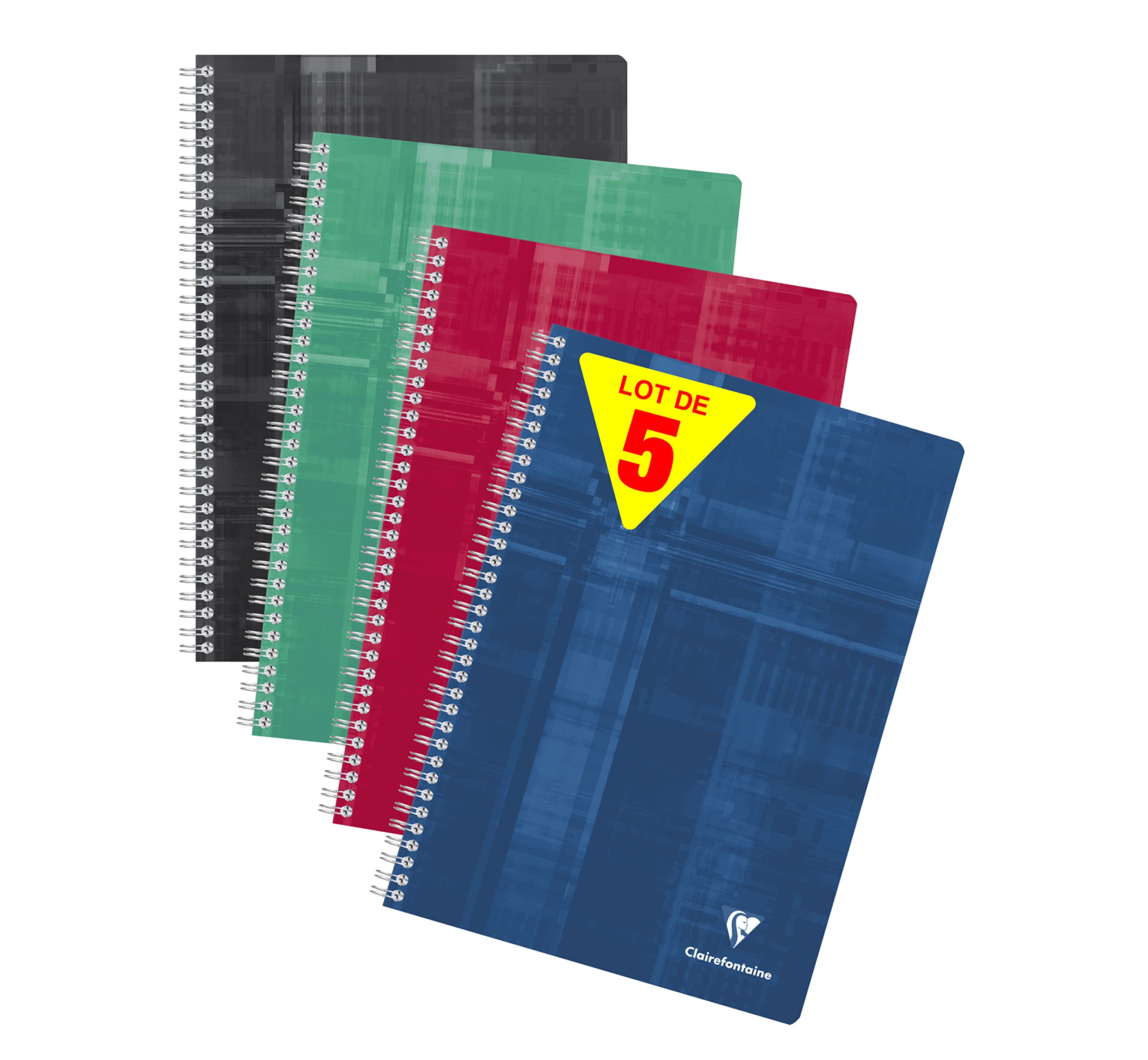 Clairefontaine 8121C Lot de 5 Cahiers à Spirale - A4 21x29,7 cm - 148 Pages Grands Carreaux - Papier Blanc 90 g - Couverture Carte Pelliculée - Couleurs Aléatoires