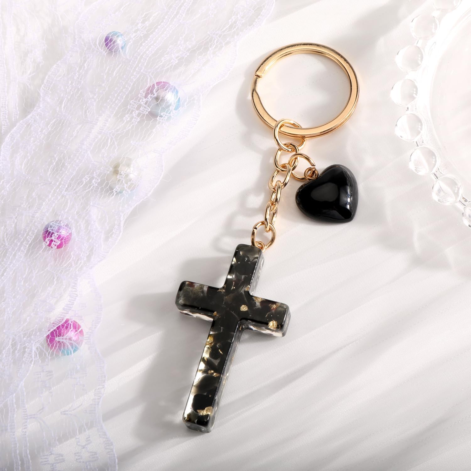 Cross Keychain with Heart Pendant Christian Cross Resin Keychain for Women Christian Gift Keyring - Image 3