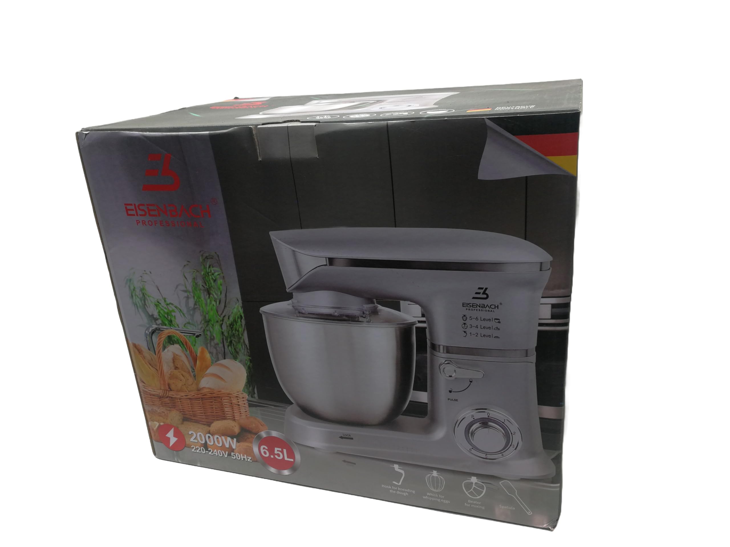 Potenza 2000W | Capacità 6.5L | 8 Velocità + Funzione Impasto | Robot da Cucina in Acciaio Inossidabile Argento/Metallico
