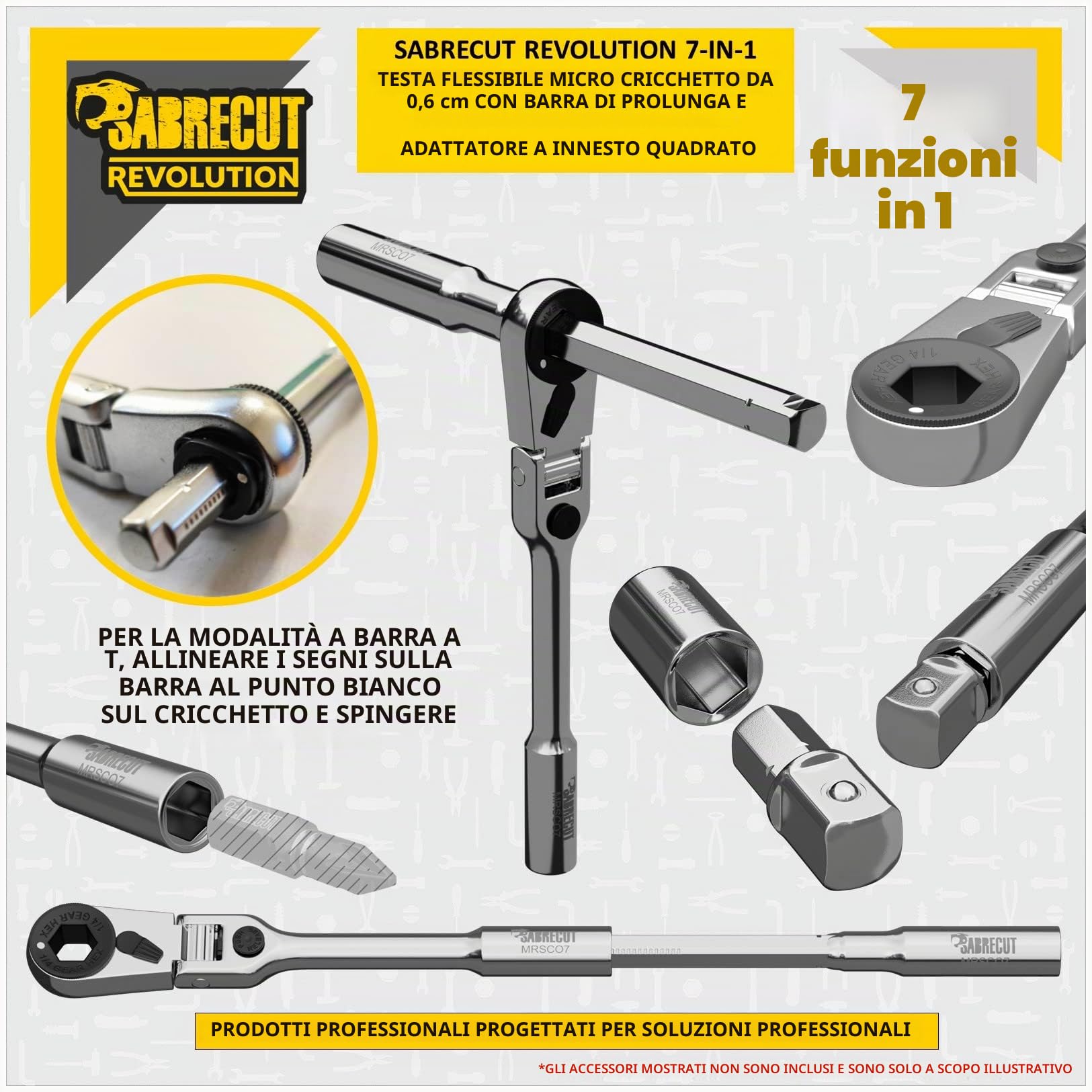 SabreCut 1pc MRSC07 6.3mm 1/4" HEX 1/4" Square Inox Inserto Cricchetto | Durevole stainless-steel costruzione con a preciso 60-tooth meccanismo per compatto, high-torque accesso