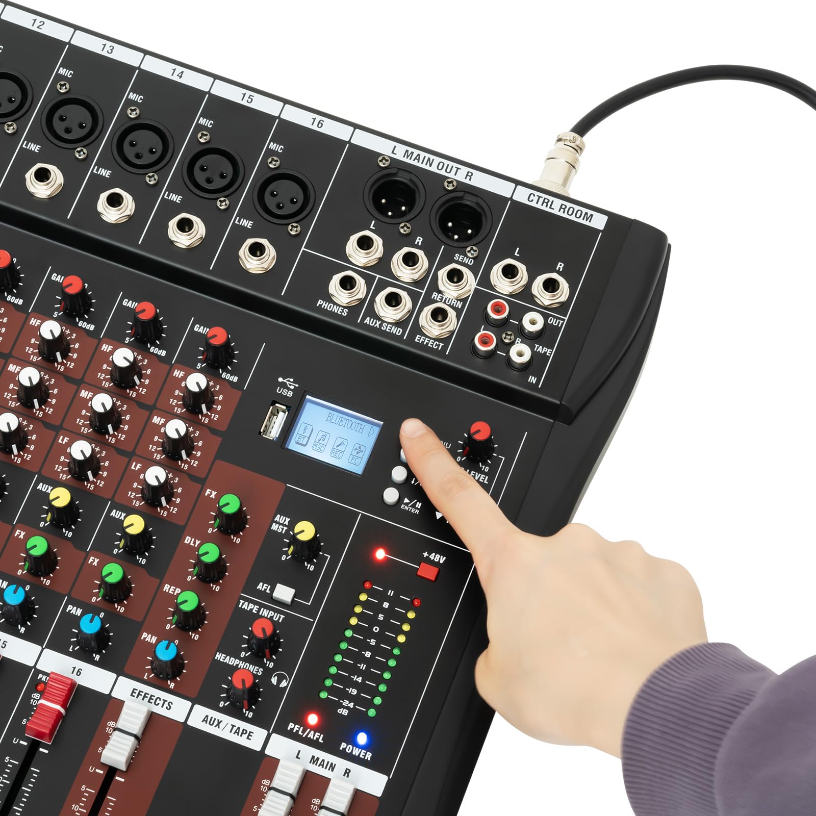 16 Channel Audio Mixer, Sound Board Audio Interface, 48V Phantom Power Digital USB Bluetooth Mixer Controller, Consola De Audio, DJ Mixer Console for Karaoke Bar Studio Streaming Recording