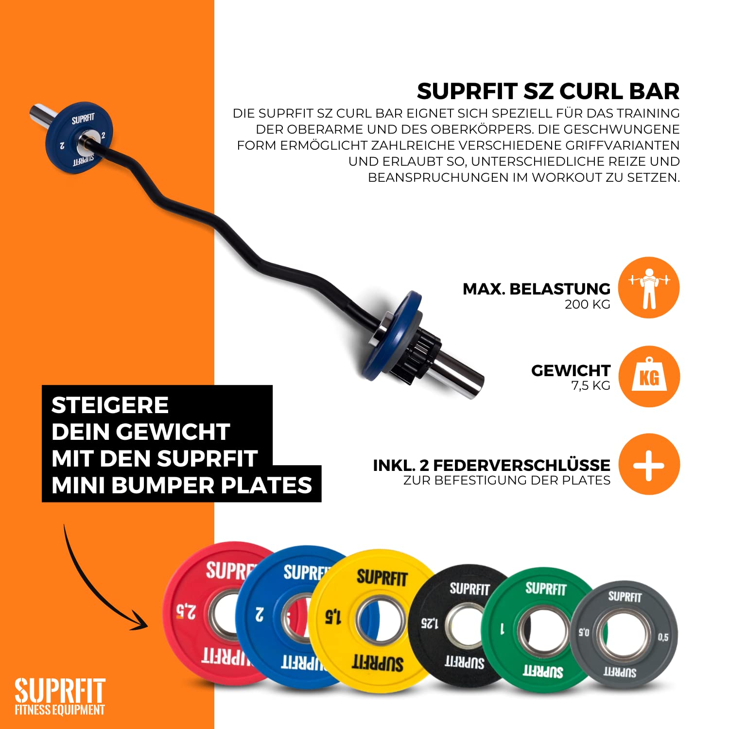 Suprfit SZ Curl Hantelstange, Profi Langhantelstange, Olympic Barbell 7,5 kg, 120 cm, 50 mm Aufnahme, Griff 25 mm, max. Gewicht 135 kg, Stahl Chrom Schwarz